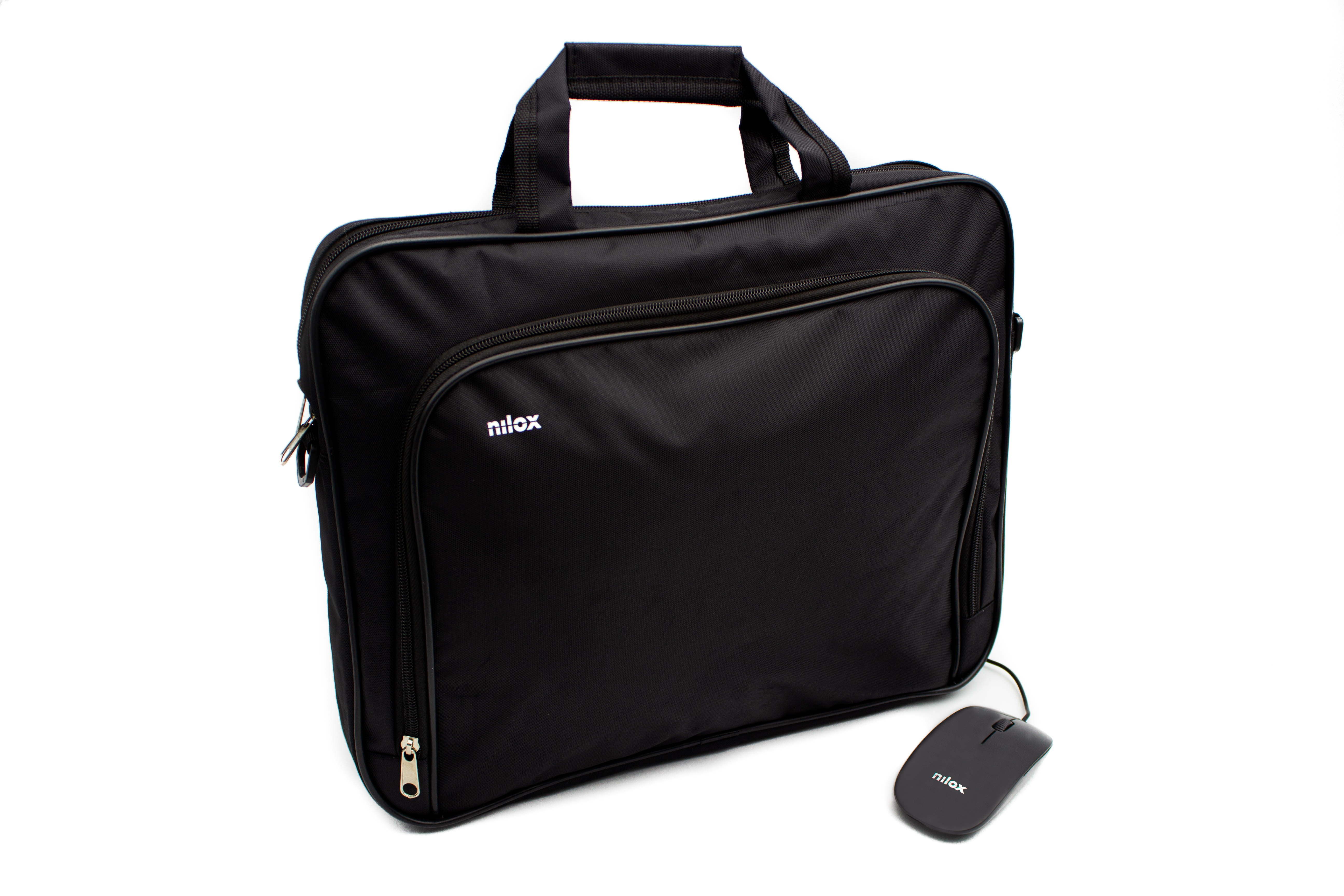 Eine schwarze Nilox-Laptoptasche und eine Maus auf weißem Untergrund.