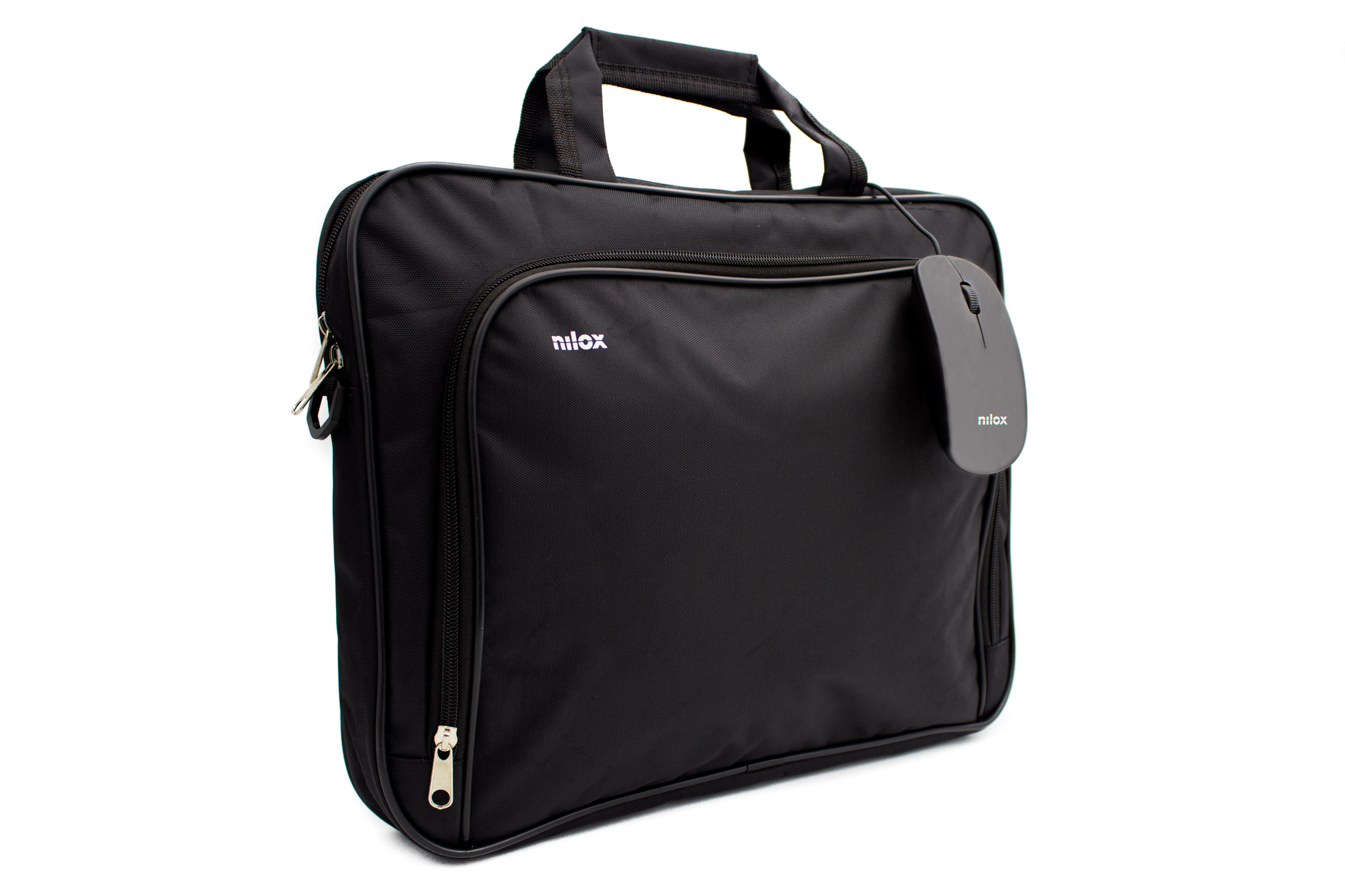 Schwarze Nilox-Laptoptasche mit Maus. Die Tasche hat einen Griff und einen Reißverschluss. Weißer Hintergrund.