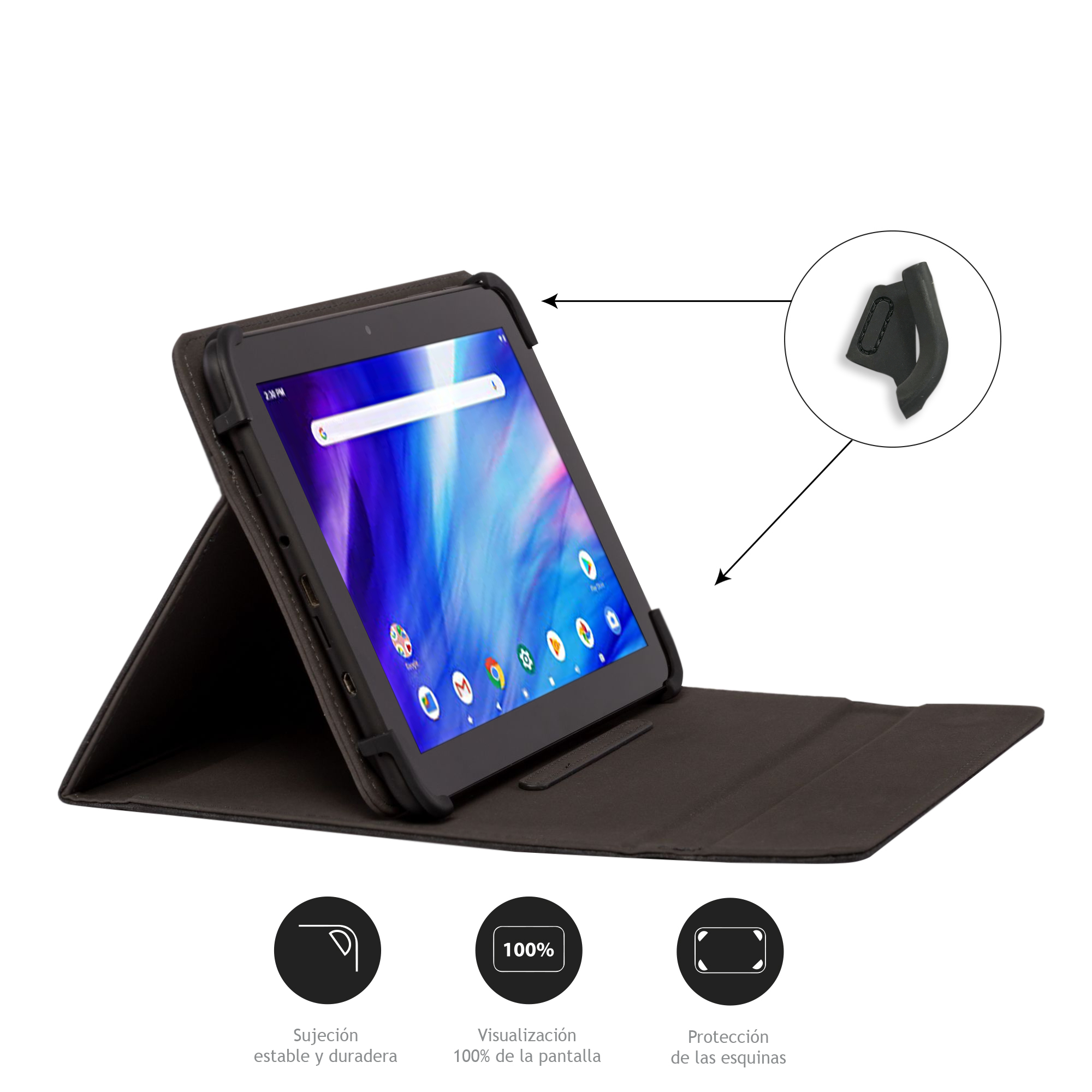 Un tablet in una custodia marrone è mostrato. Un inserto mostra un primo piano di un'impugnatura angolare nera.