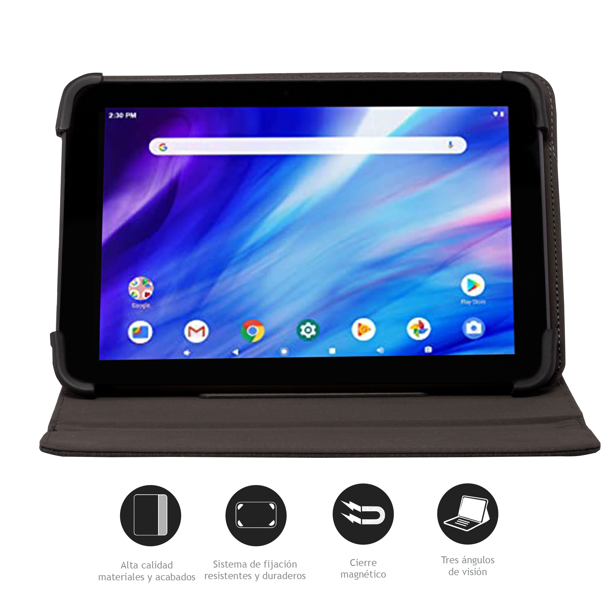 Tablet in custodia, schermo acceso, icone visibili. Sotto, icone descrivono le caratteristiche: materiali di qualità, sistema di fissaggio durevole.