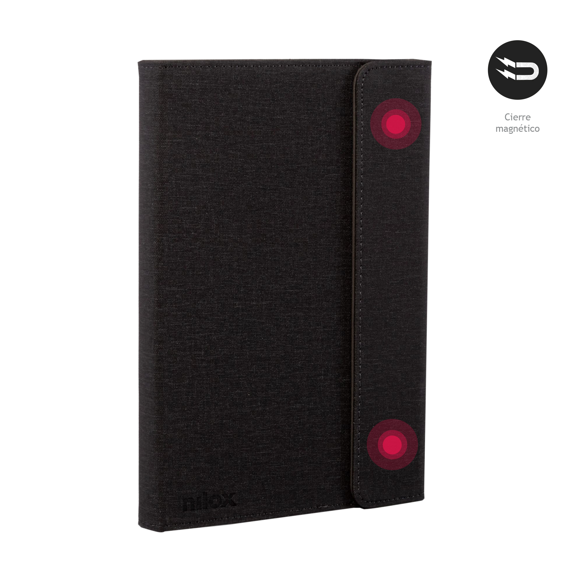 Una custodia nera per tablet con indicatori di chiusura magnetica. Tessuto e logo.