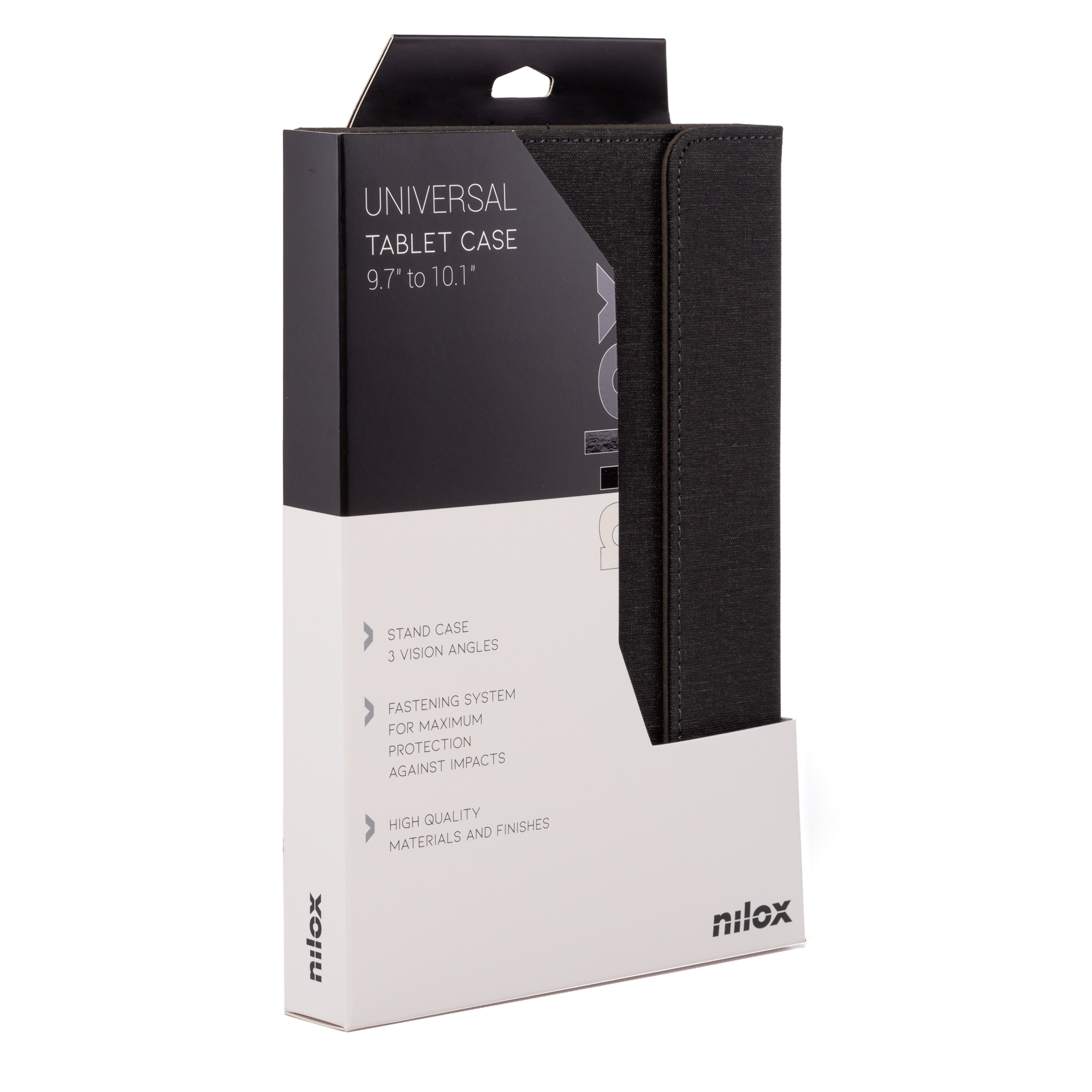 Scatola per custodia per tablet. Custodia nera in una scatola bianca e nera. Testo: Universal Tablet Case, logo nilox.