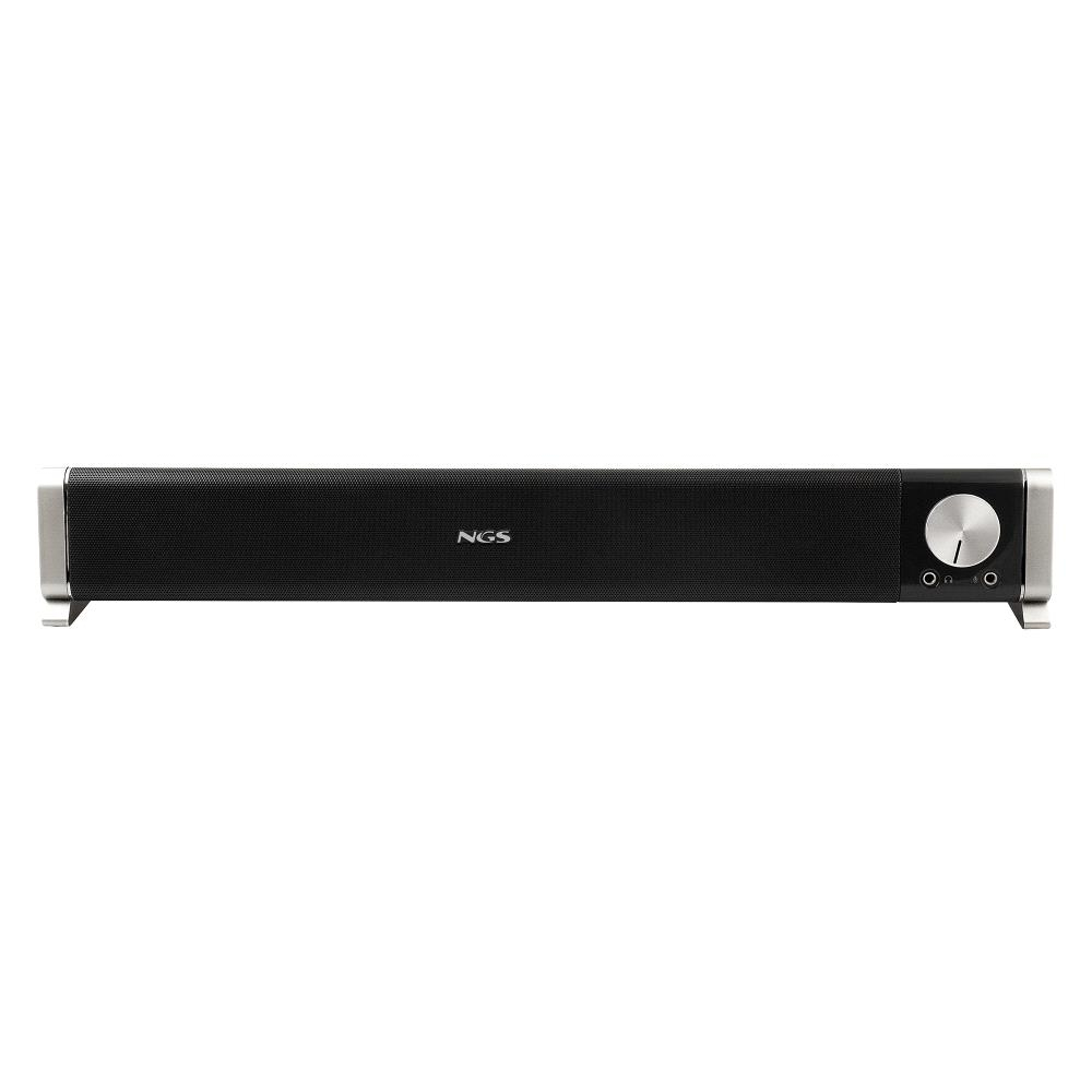 Una soundbar nera con bordi argentati e una manopola di controllo del volume sul lato destro. Il marchio 'NGS' è visibile.