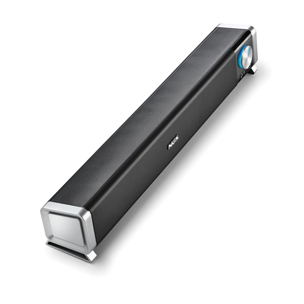 Una soundbar NGS nera con accenti argentati. Ha una parte anteriore in rete e pulsanti di controllo su un'estremità.