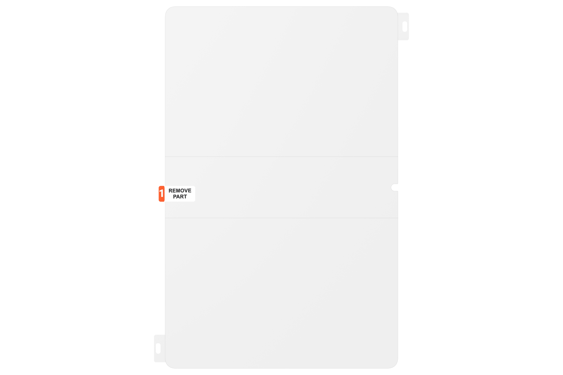 Eine transparente Kunststoffplatte mit weißem Hintergrund. Es hat eine 'Remove Part' Beschriftung und die Zahl 1.