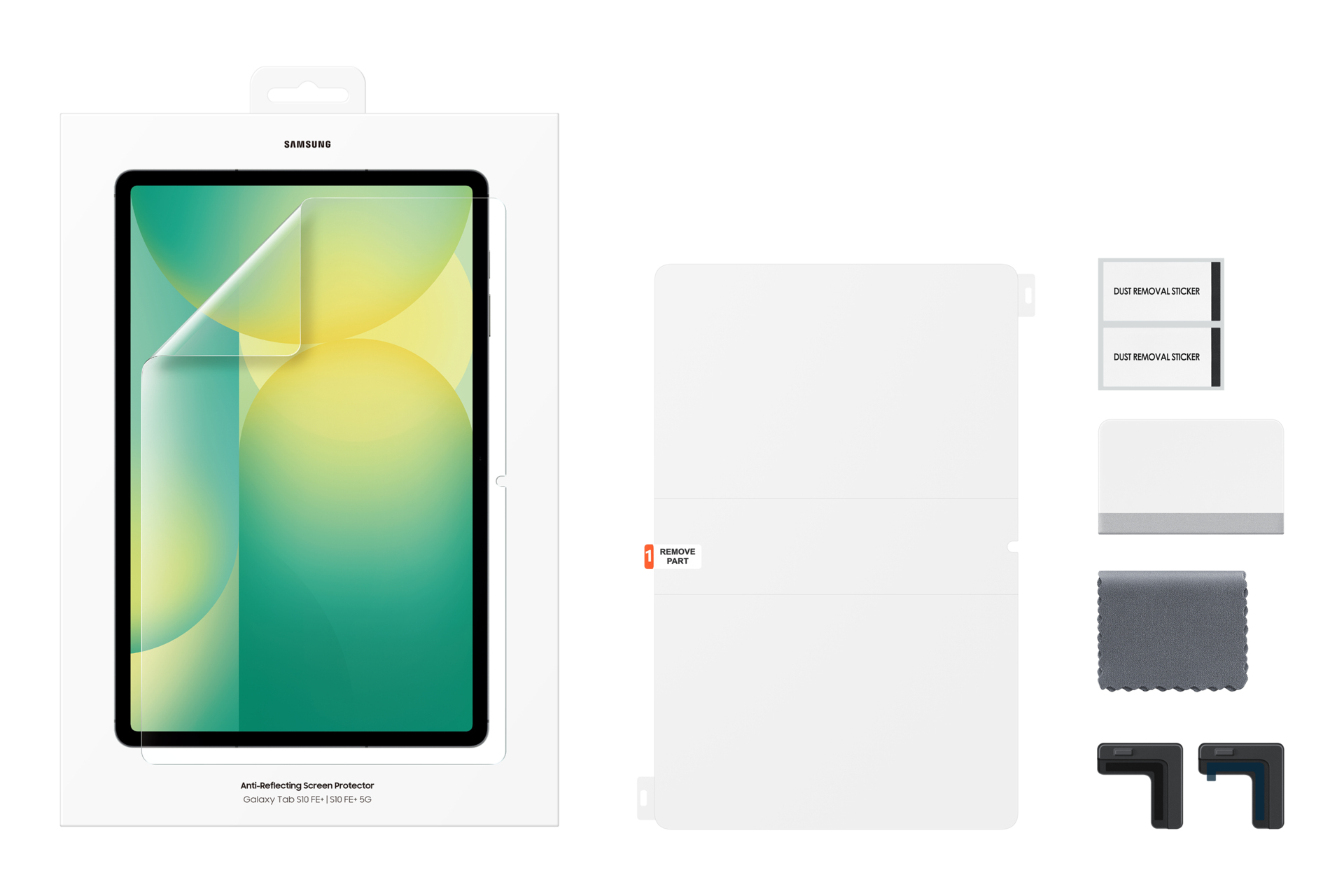 Ein Samsung-Displayschutz-Kit. Es enthält ein Tablet, eine Displayschutzfolie, Reinigungswerkzeuge, Staubaufkleber und Eckschützer.