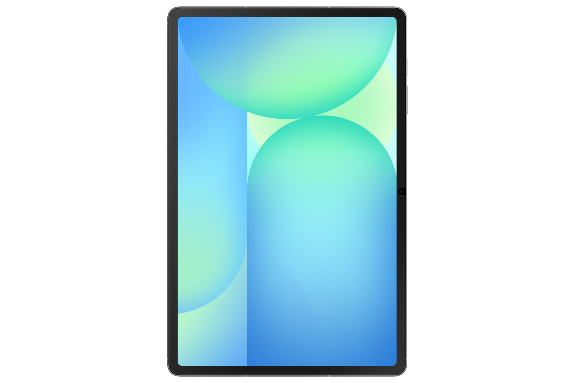 Ein Tablet mit schwarzem Rahmen. Der Bildschirm hat einen Farbverlauf aus Blau und Grün mit großen kreisförmigen Formen.