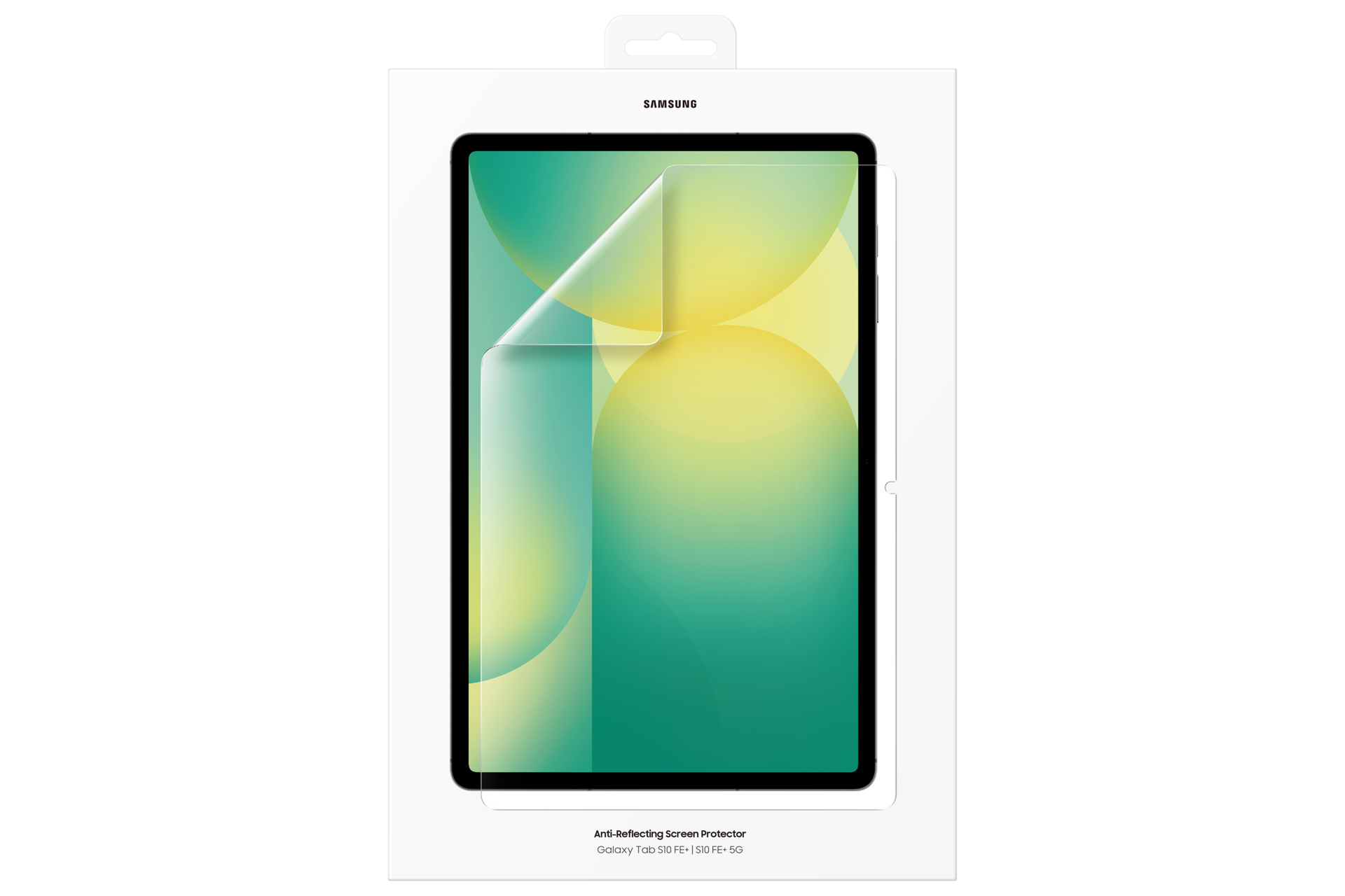 Ein Samsung Tablet-Displayschutz in einer weißen Box. Der Bildschirm zeigt einen grün-gelben Farbverlauf. Der Schutz löst sich ab.