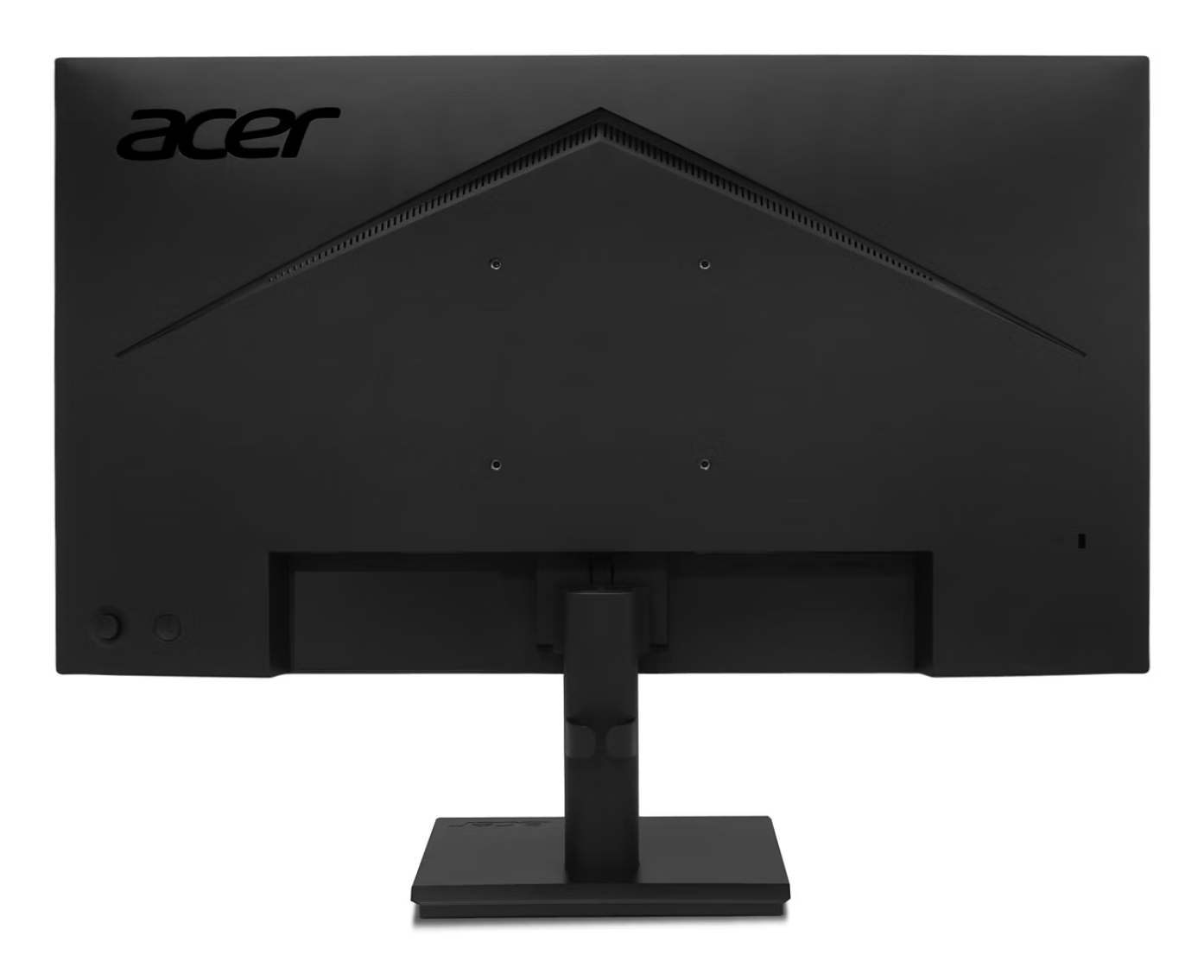 Tył czarnego monitora Acer. Logo Acer jest w lewym górnym rogu. Stojak jest na dole i białe tło.