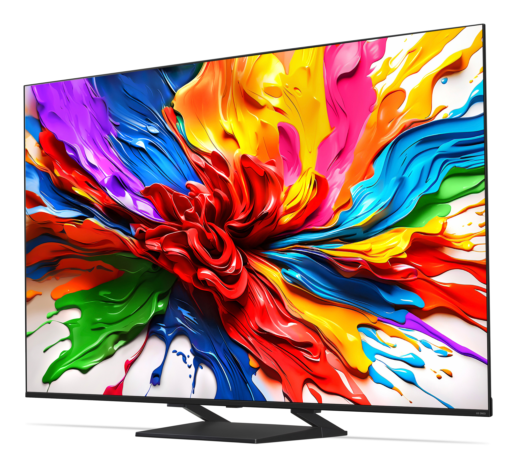 Ein moderner Fernseher zeigt bunte abstrakte Kunst. Die Farben sind rot, blau, gelb und grün. Er steht auf einem schwarzen Ständer.