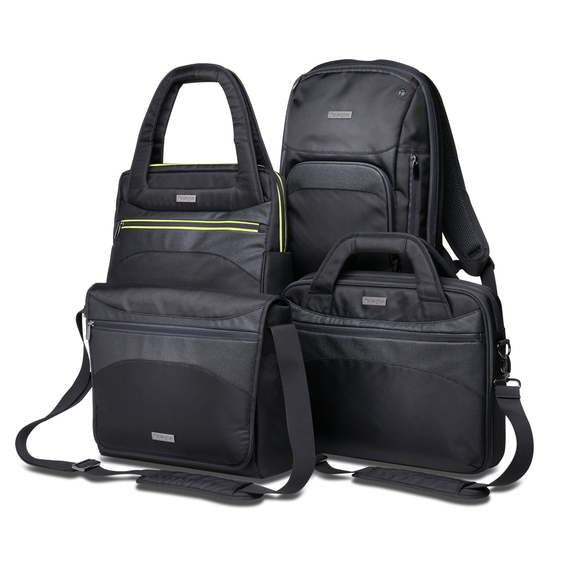Drei schwarze Taschen, darunter ein Rucksack, eine Tragetasche und eine Aktentasche, vor weißem Hintergrund.