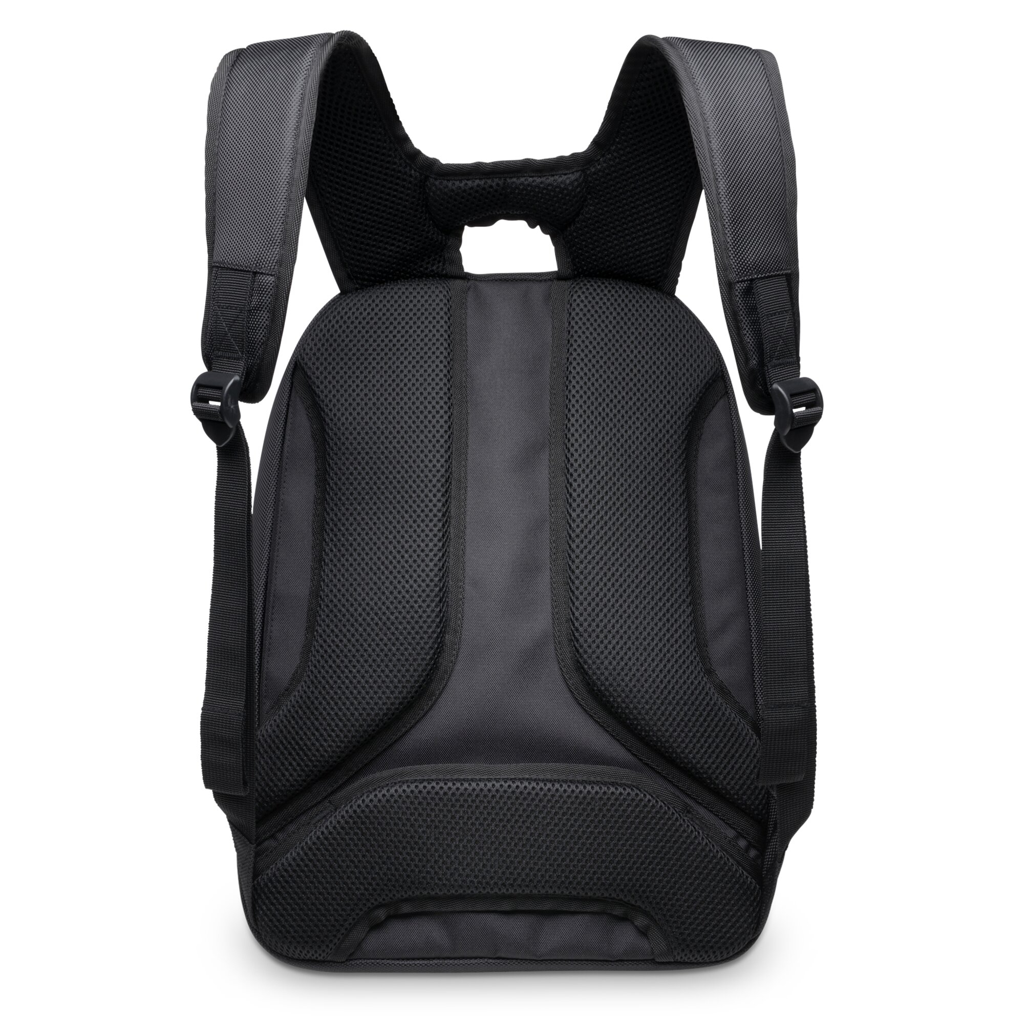 Die Rückseite eines schwarzen Rucksacks. Er hat Mesh-Polsterung auf dem Rücken, Schultergurte und einen oberen Griff. Der Hintergrund ist weiß.