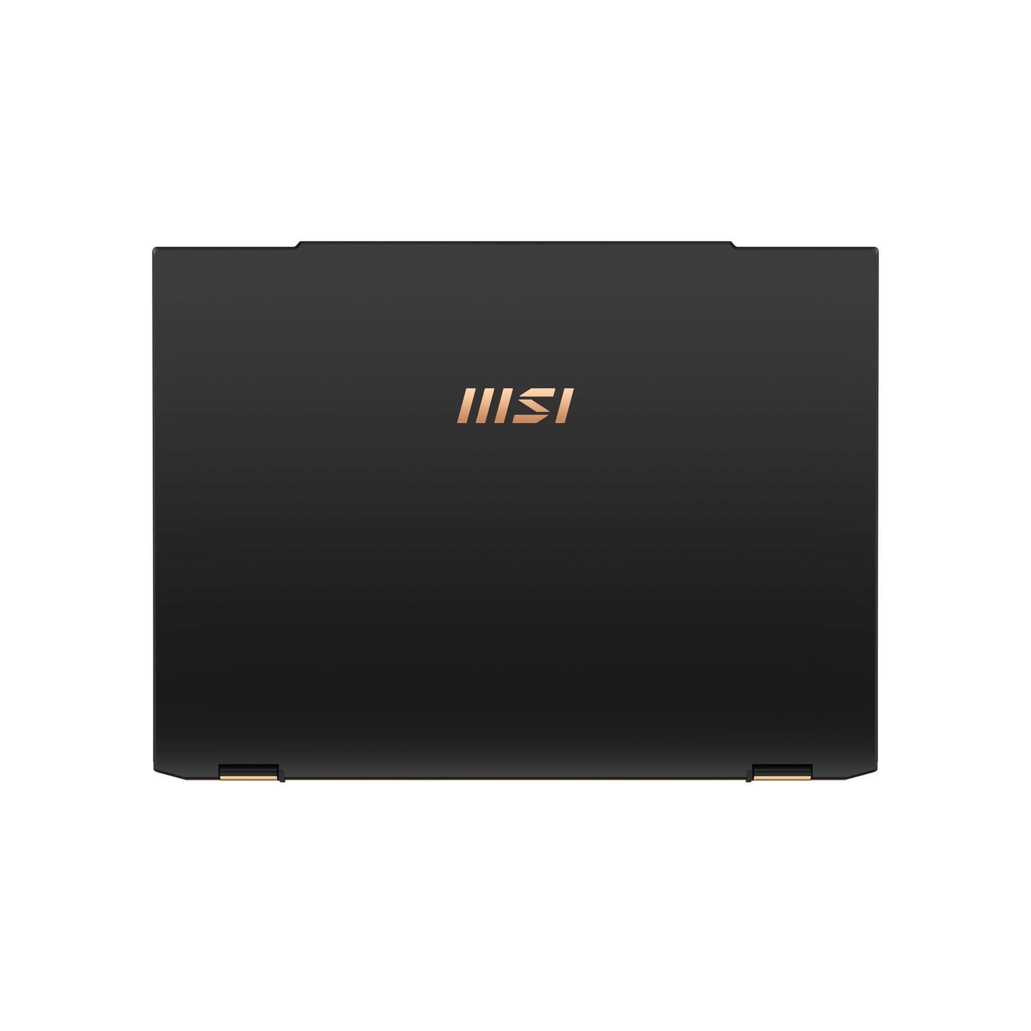 Ein geschlossener schwarzer Laptop mit goldenem MSI-Logo. Das Scharnier hat einen goldenen Akzent. Weißer Hintergrund.