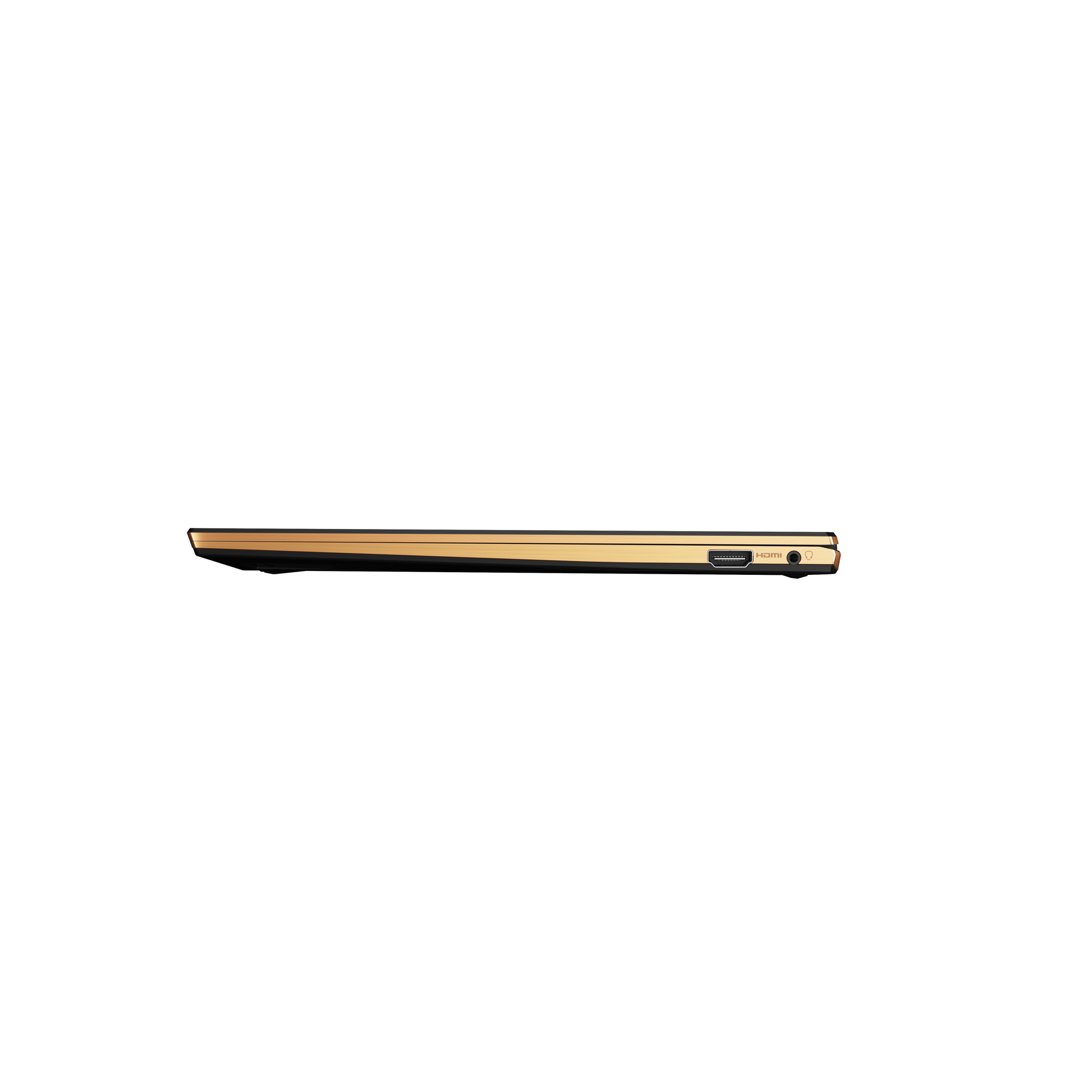 Seitenansicht eines goldenen Laptops. Die Oberkante ist gold, die Unterseite ist schwarz. HDMI- und Audioanschlüsse sind sichtbar.