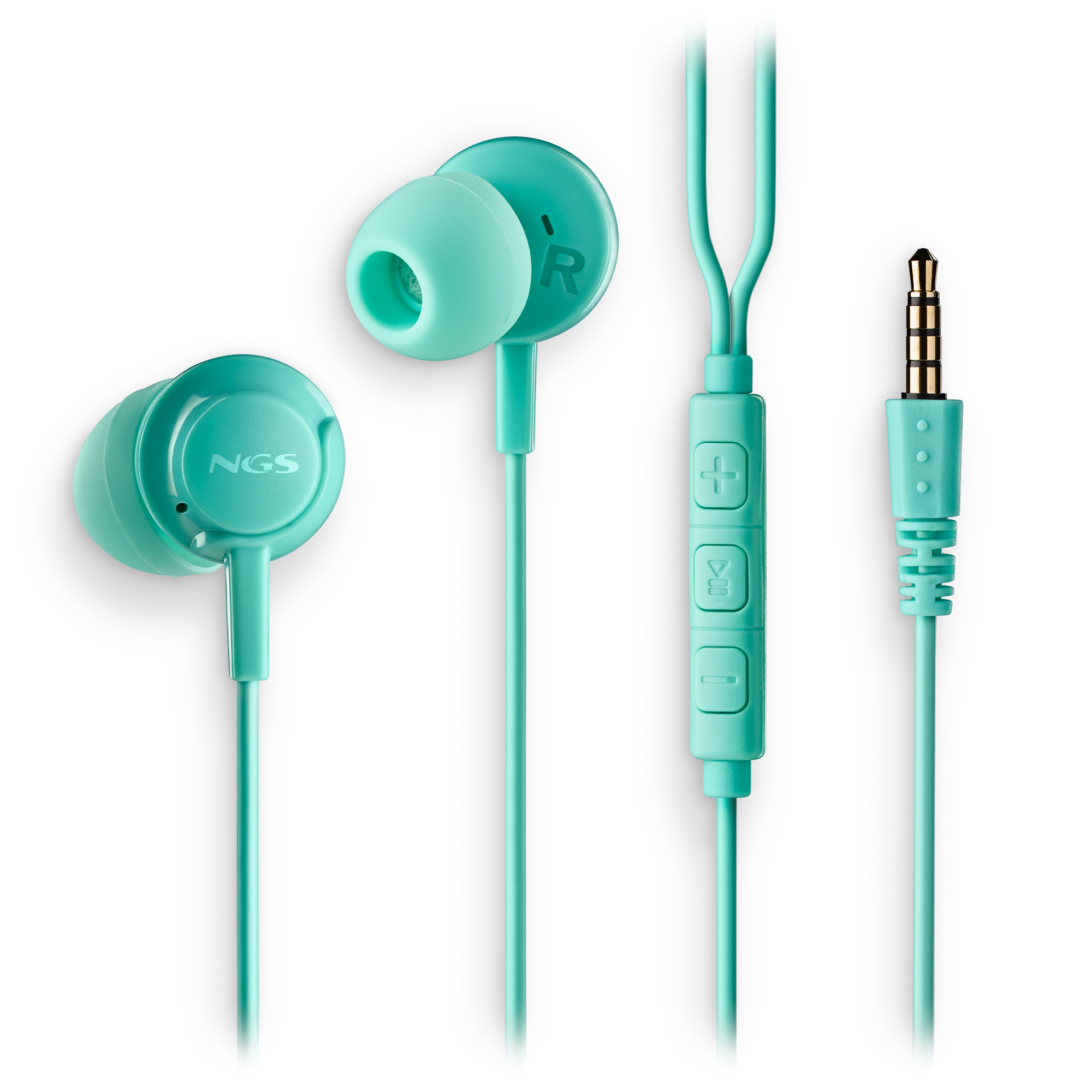 Auricolari turchese con comandi in linea e jack da 3,5 mm su sfondo bianco. Il marchio è NGS.
