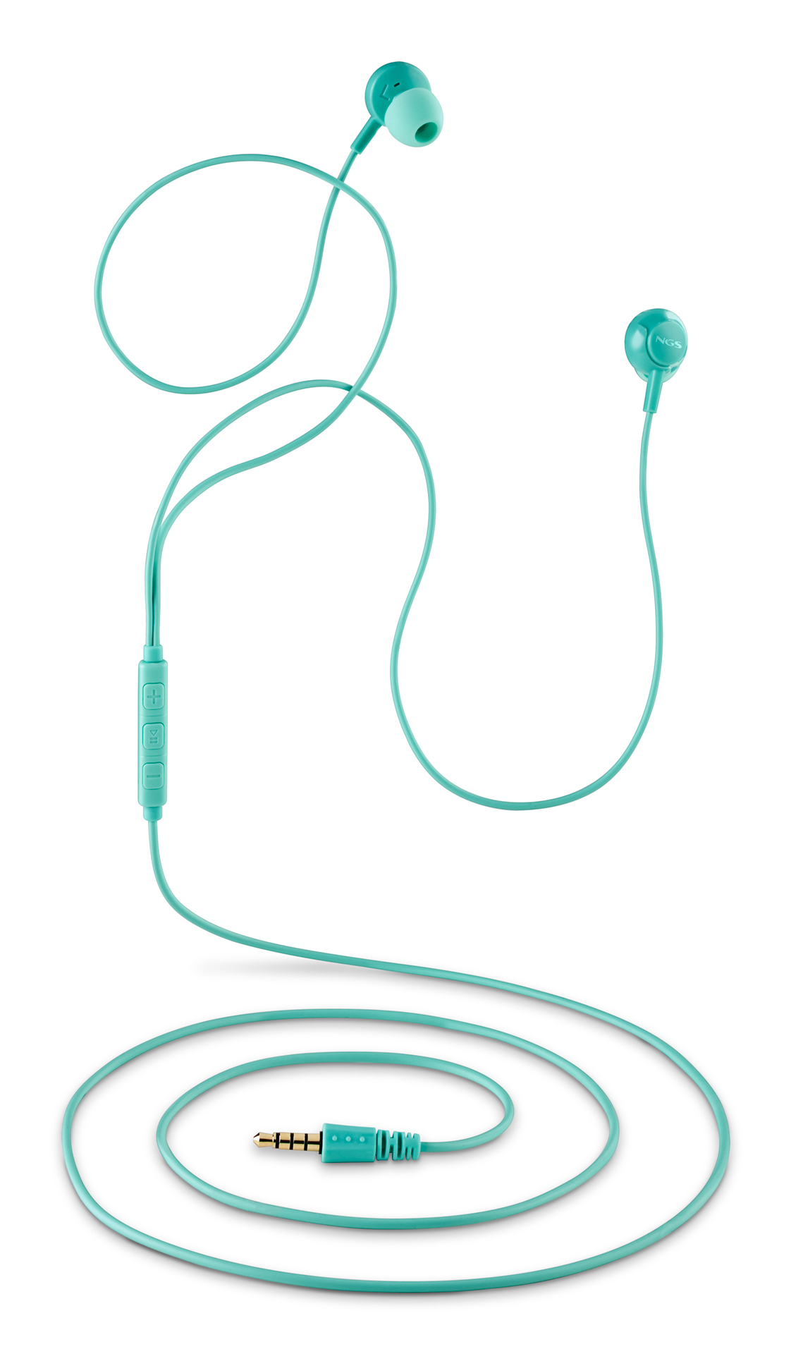 Auricolari turchesi con modulo di controllo e jack dorato. Il cavo è arrotolato in basso, con due auricolari visibili.