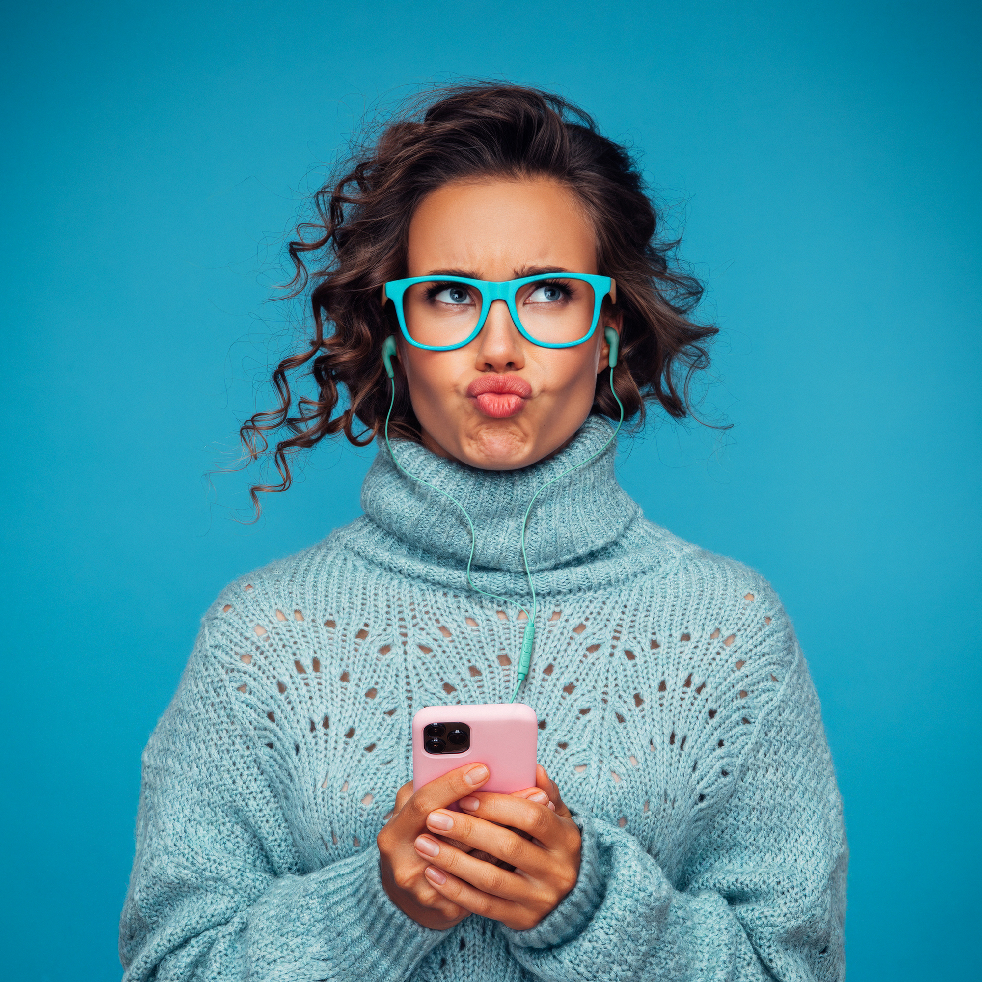 Donna con occhiali, maglione e telefono, con il broncio. Indossa auricolari. Sfondo blu.