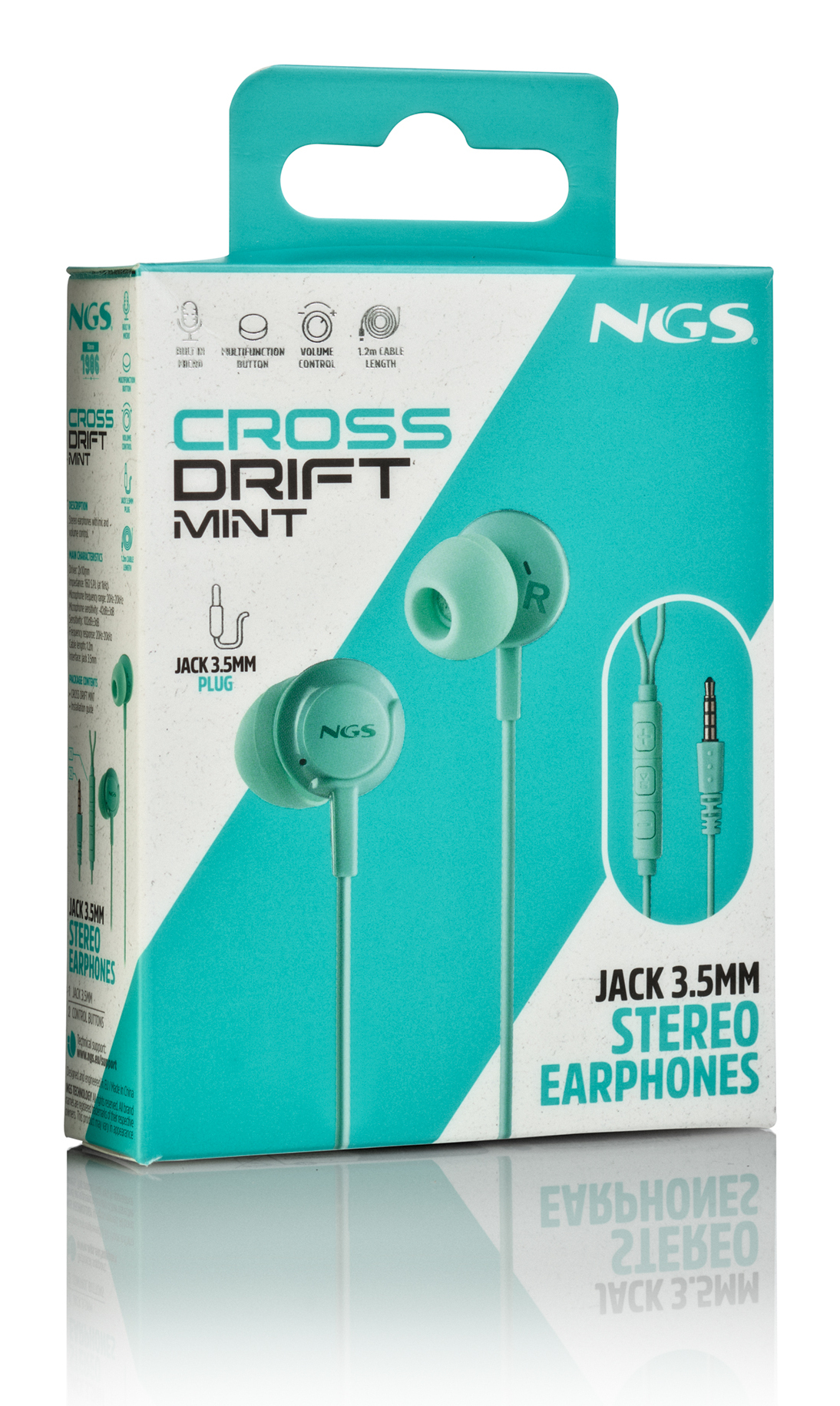 Auricolari color menta su una scatola. La scatola ha il marchio NGS e il nome del prodotto "Cross Drift Mint". Include un jack da 3,5 mm.