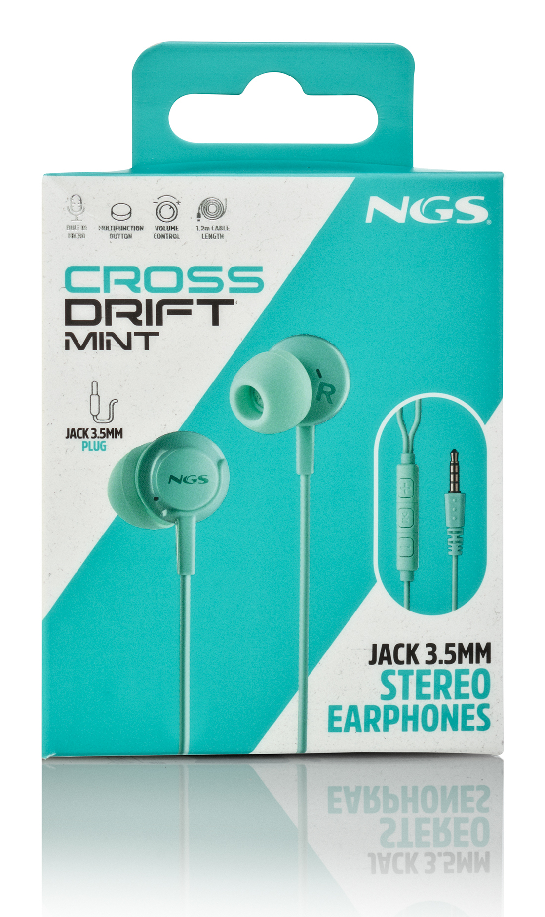 Scatola di auricolari color menta. Il testo dice 'Cross Drift Mint' e 'Jack 3.5mm Stereo Earphones'. Sono mostrate le cuffie e il jack.