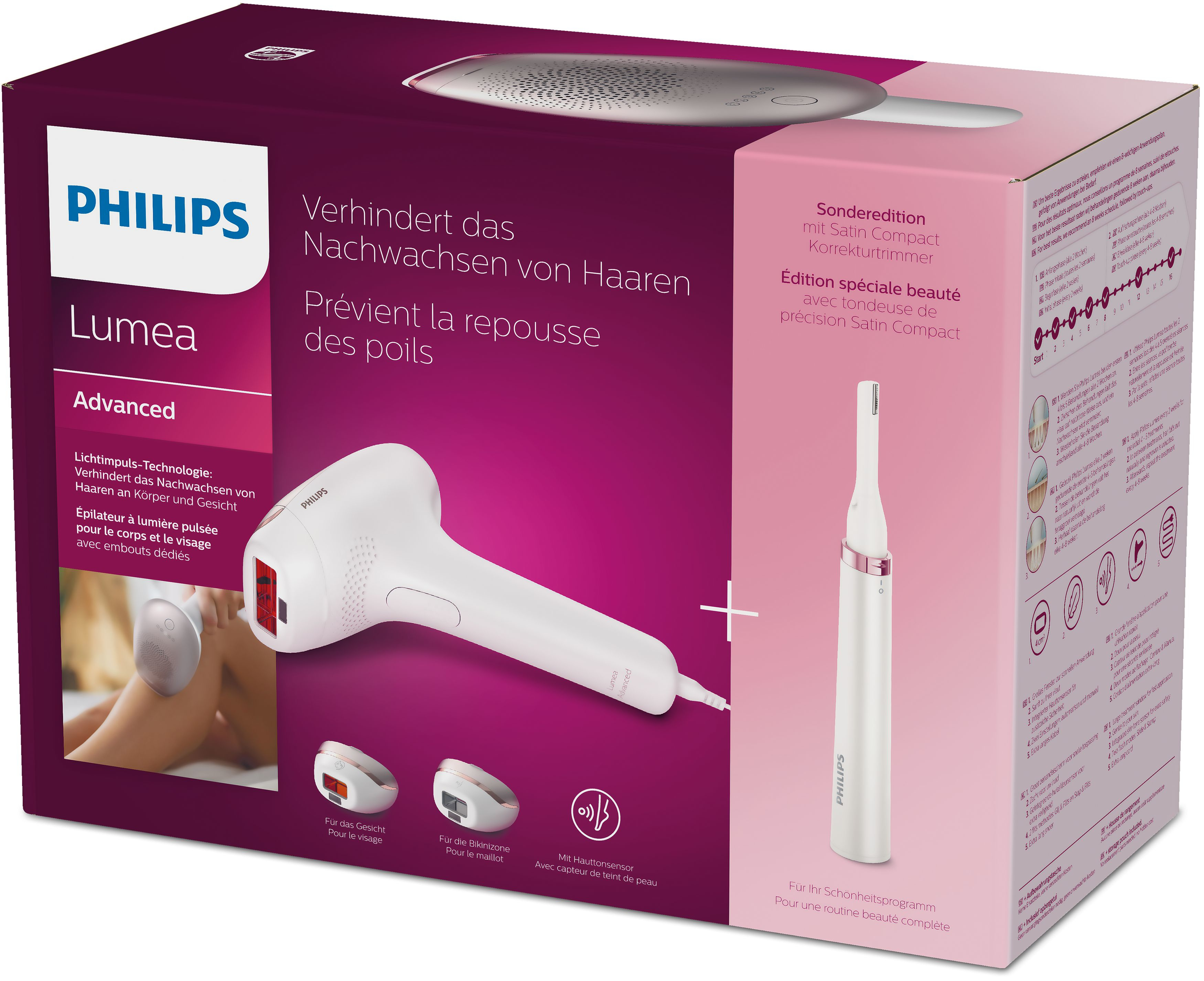 Zapakowane urządzenie do usuwania włosów Philips Lumea z trymerem. Biało-fioletowe, z tekstem i diagramami.