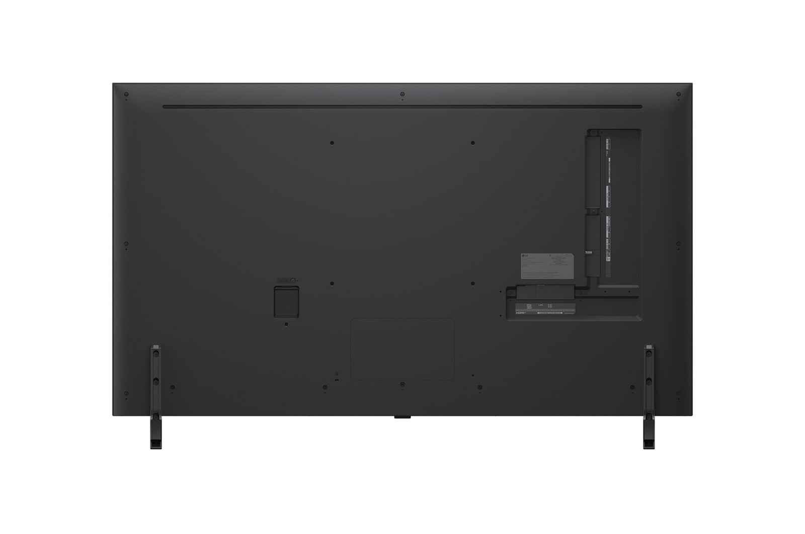 Widok z tyłu dużego, ciemnoszarego telewizora. Widoczne porty, wejście zasilania i dwie nóżki. Białe tło.