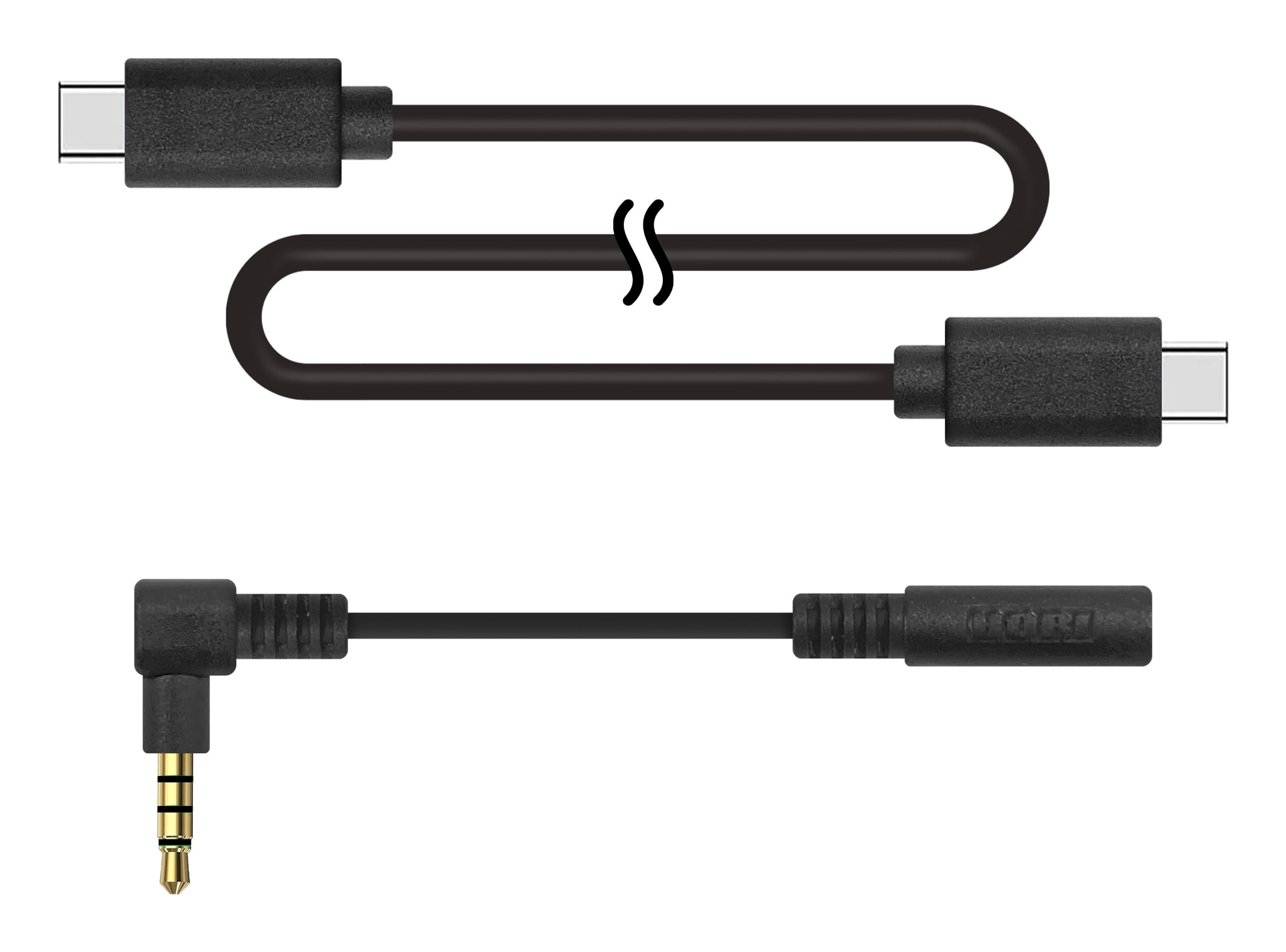 Das Bild zeigt ein schwarzes USB-C-Kabel und einen schwarzen Audioadapter mit einem goldfarbenen 3,5-mm-Klinkenstecker auf weißem Hintergrund.