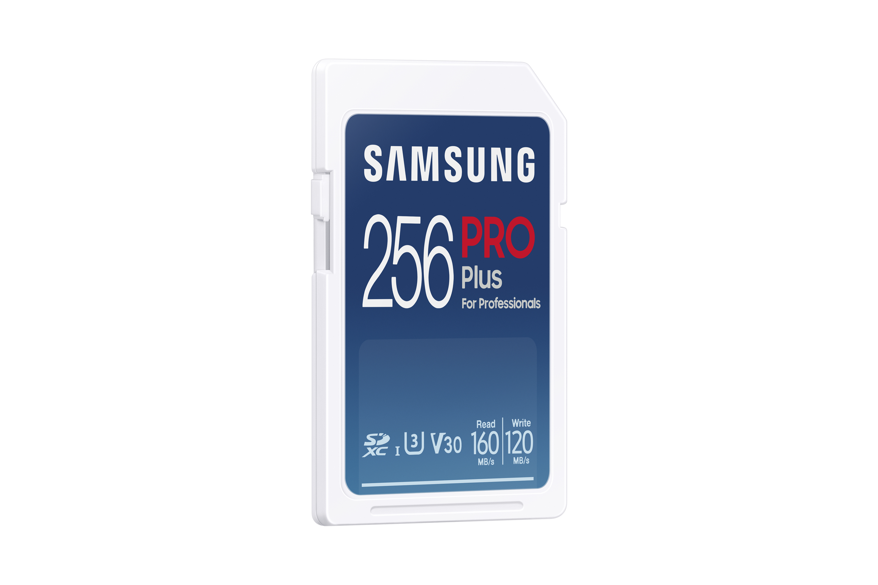 Une carte SD Samsung Pro Plus blanche et bleue de 256 Go, vitesse de lecture 160 Mo/s, et d'écriture 120 Mo/s.
