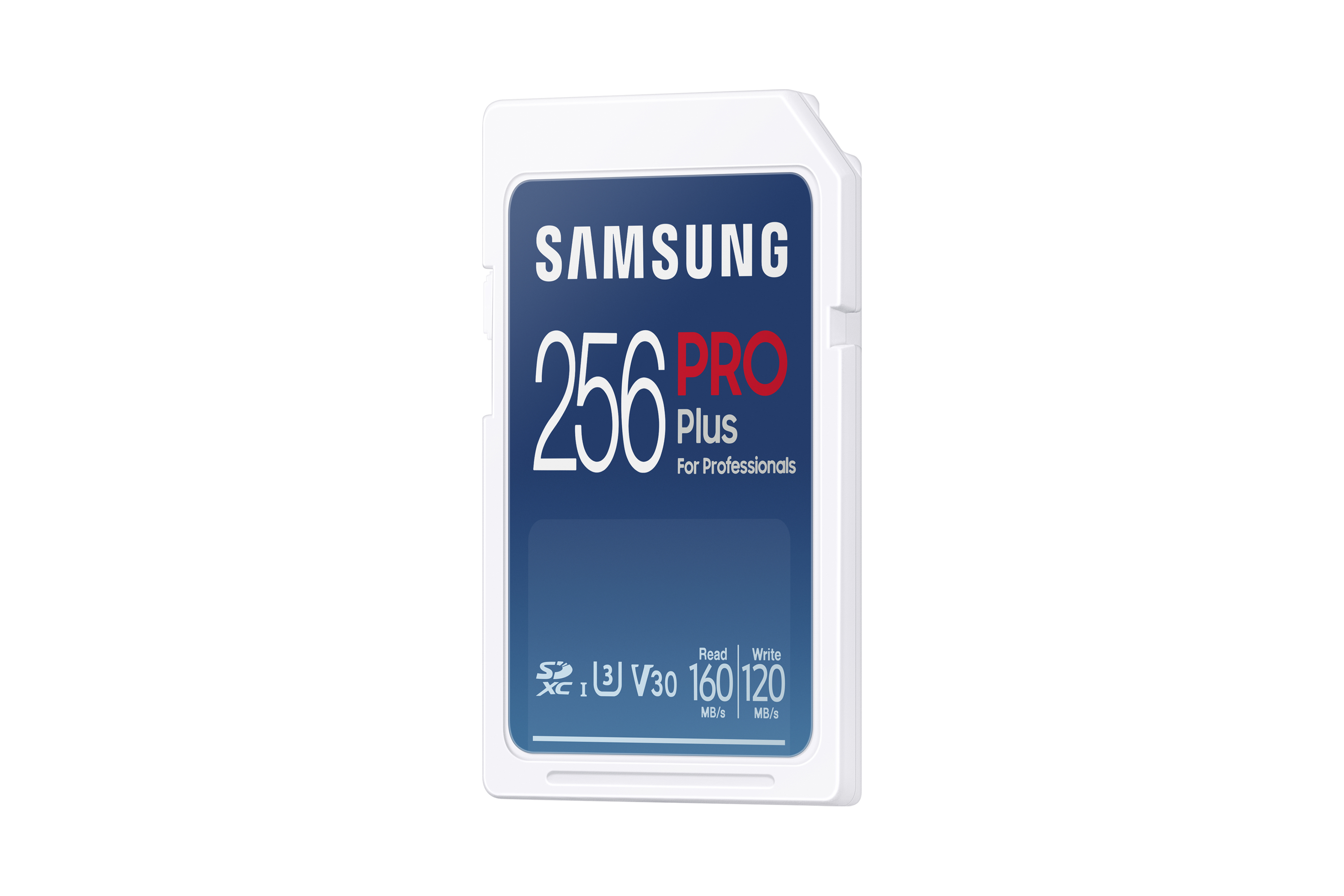 Une carte SD Samsung Pro Plus 256 Go. Cadre blanc, centre bleu avec texte blanc et 'PRO' rouge. Affiche les détails de vitesse.