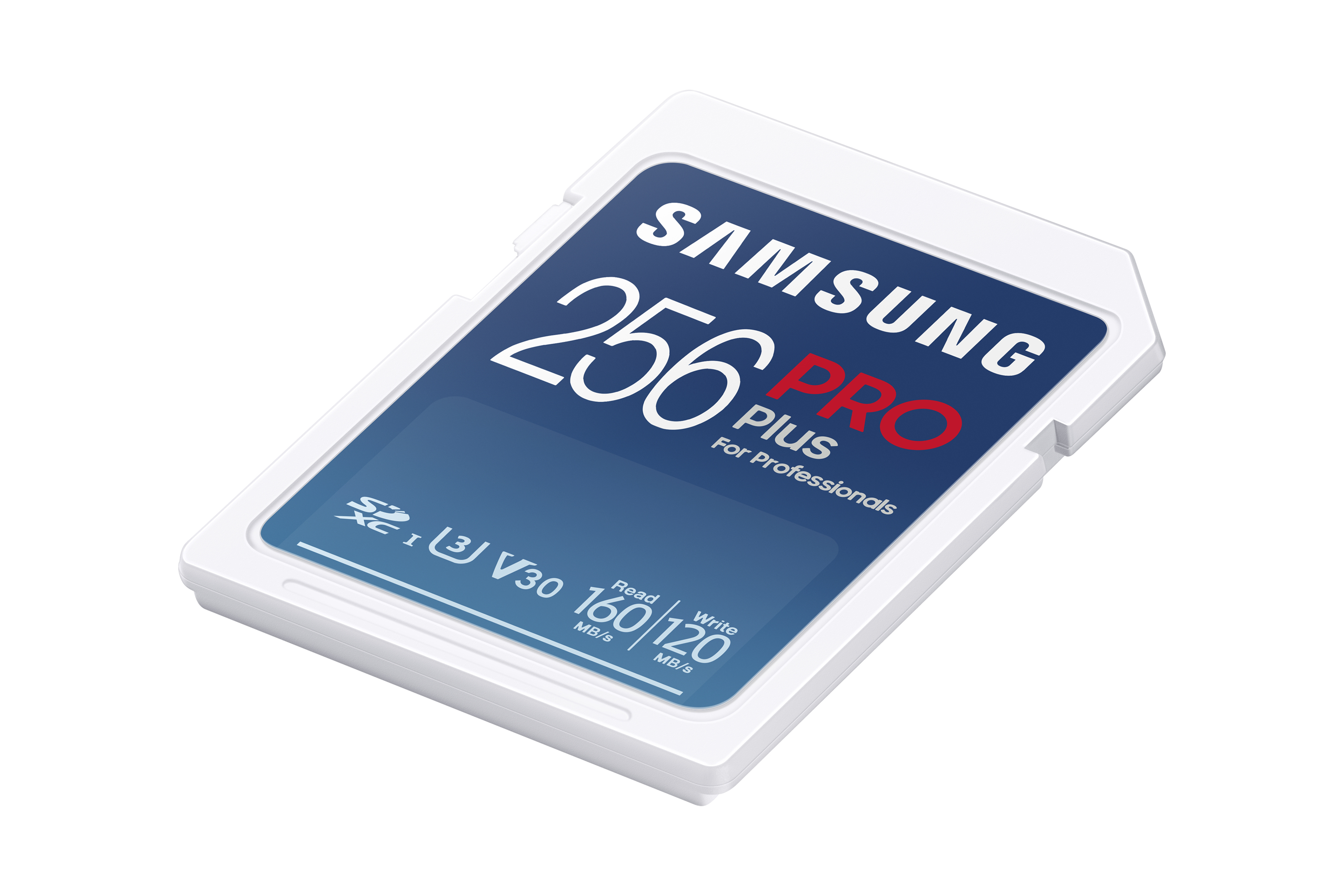 Une carte SD Samsung 256 Go Pro Plus. Elle a un cadre en plastique blanc et une face de carte bleue avec du texte blanc et rouge.