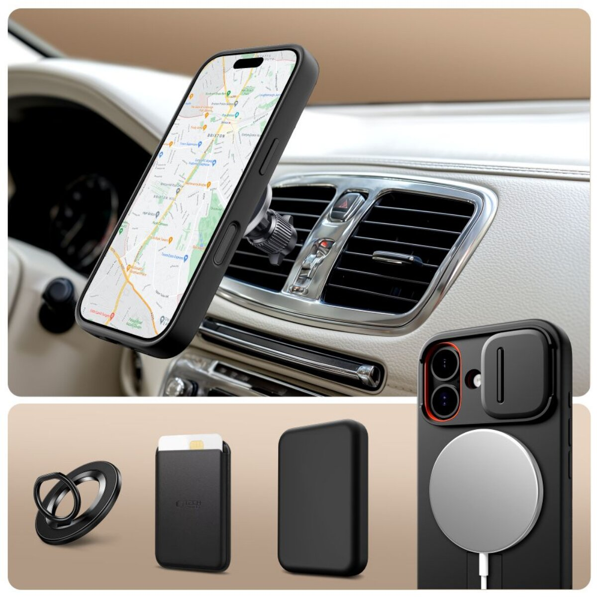 Schwarzes Telefon mit Kartenanzeige im Auto, Telefonzubehör: Ring, Kartenhalter und Handyhülle mit Magnetlader.
