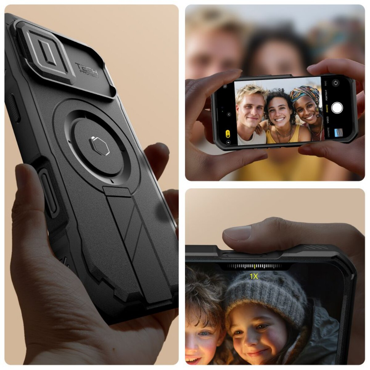 Eine Handyhülle wird in der Hand gehalten. Andere Bilder zeigen das Handy mit einem Selfie und lächelnden Kindern.