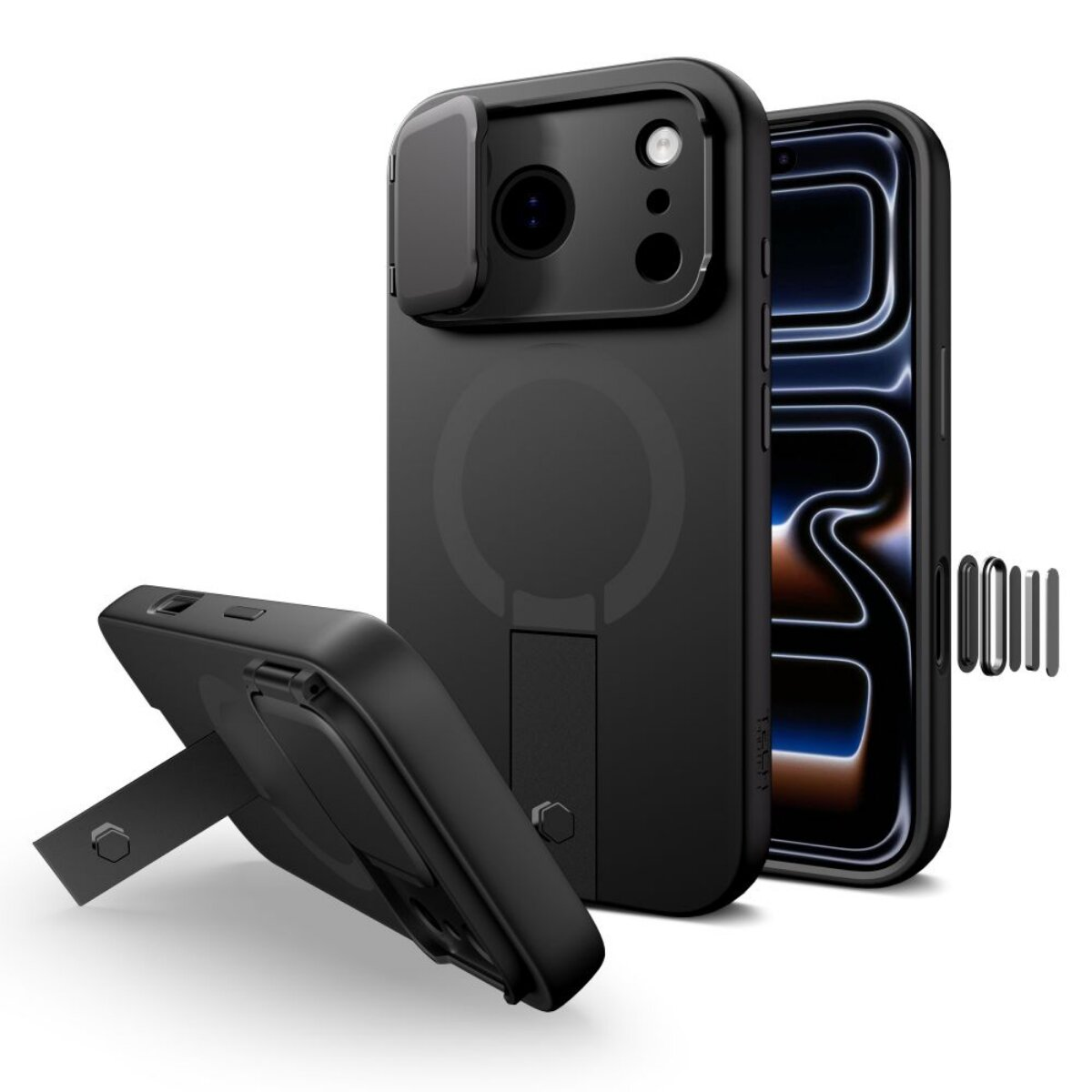 Schwarze Handyhülle mit Kameraabdeckung, Ständer und einem Telefon mit Bildschirm. Zusätzliche kleine Metallteile sind vorhanden.