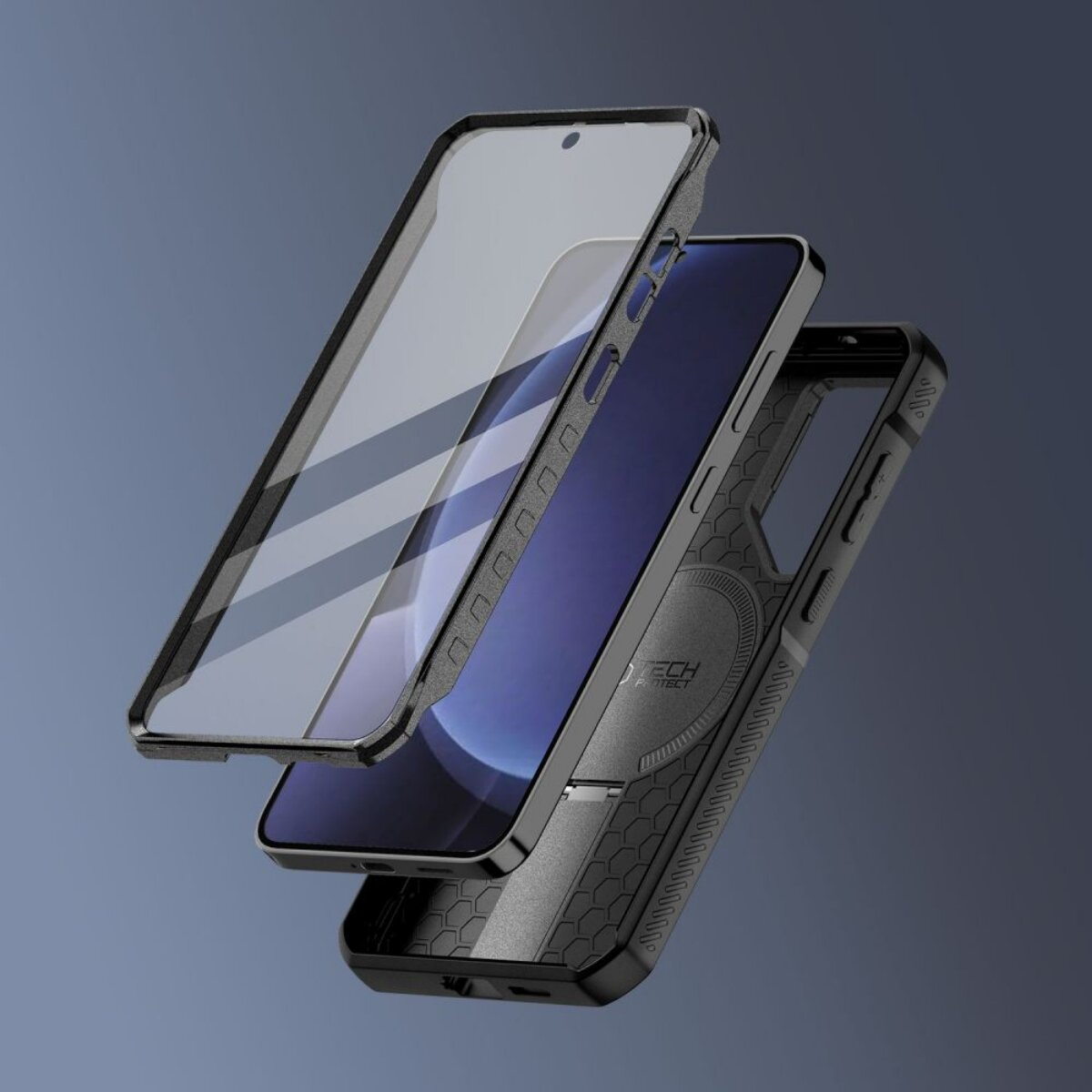 Handyhülle, dreilagig, schwarz und transparent. Der Displayschutz ist separat. Der Bildschirm des Telefons ist sichtbar, blauer Hintergrund.