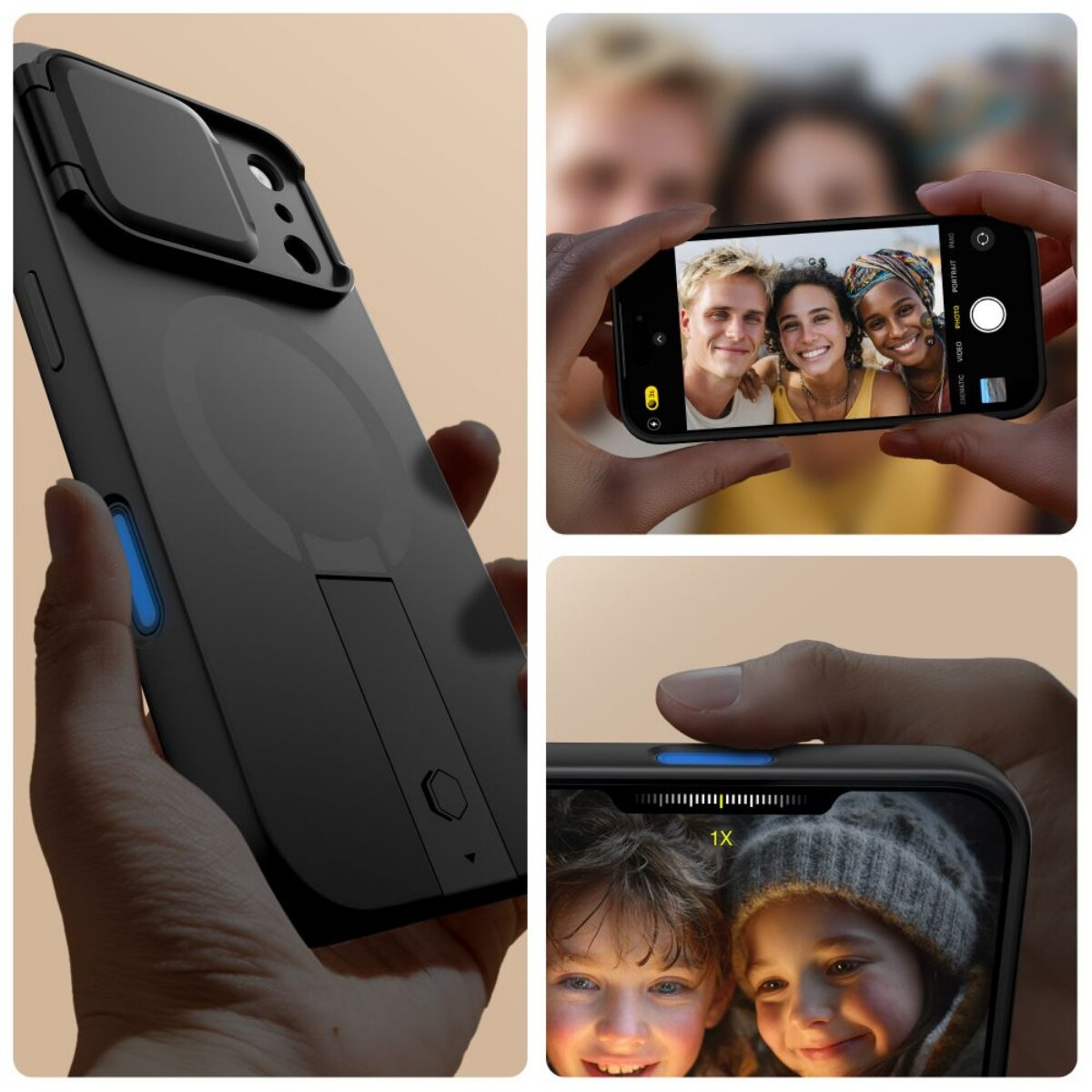 Ein Telefon in einer schwarzen Hülle mit einem angebrachten Ständer. Das Telefon zeigt Fotos von lächelnden Menschen.