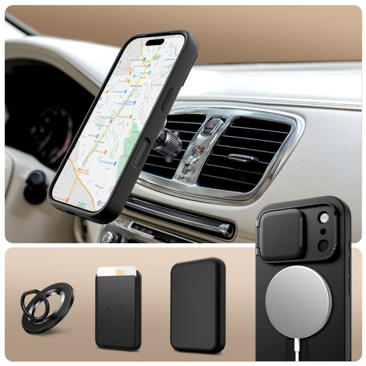 Telefon mit Karte an Autohalterung. Schwarzes Zubehör: Handyhülle, Kartenhalter, Ringhalter und magnetisches Ladegerät. Beiges Autointerieur.