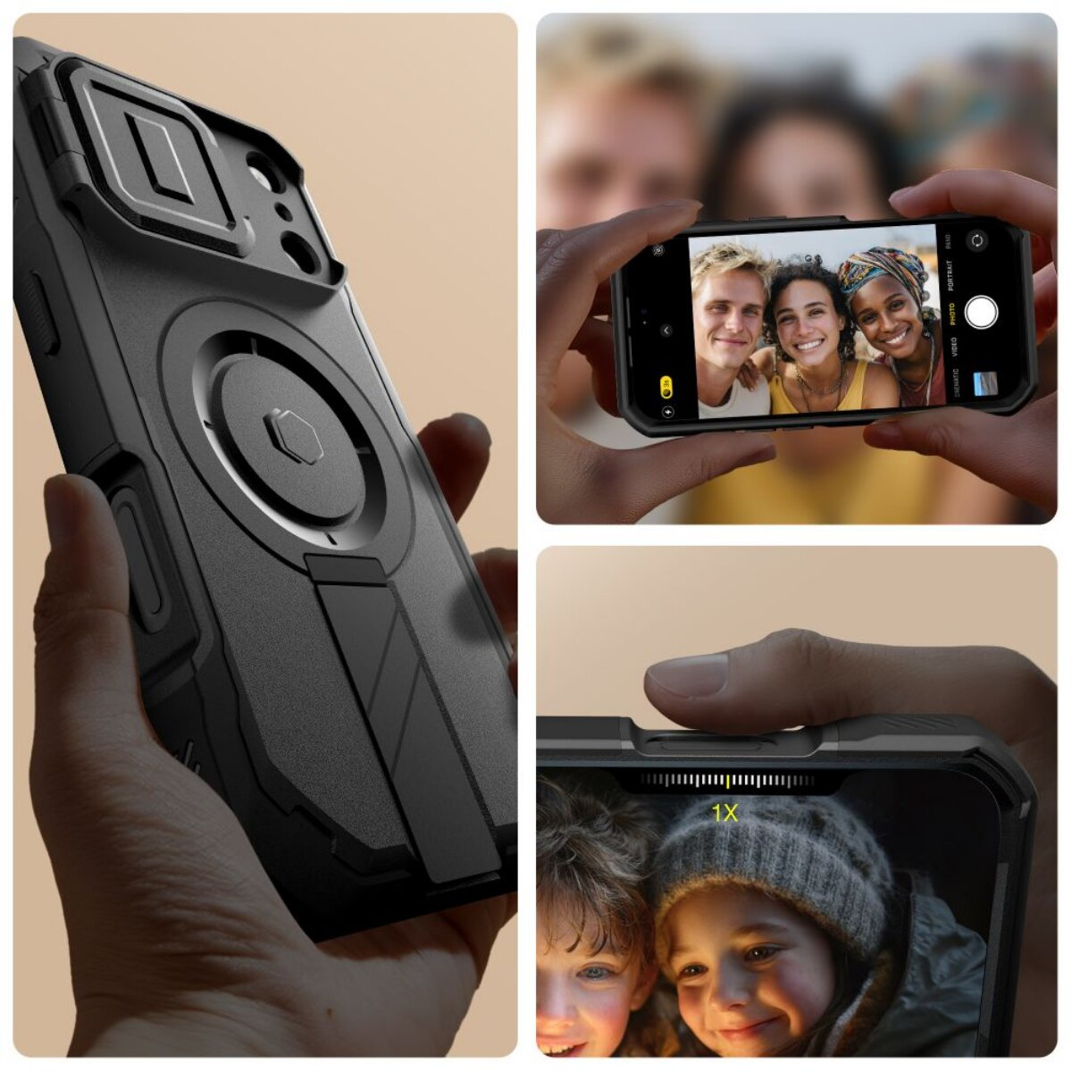 Collage aus Handyhülle und Telefon, das Fotos von Menschen anzeigt. Ein Foto zeigt ein Telefon, das ein Bild von drei Personen aufnimmt.