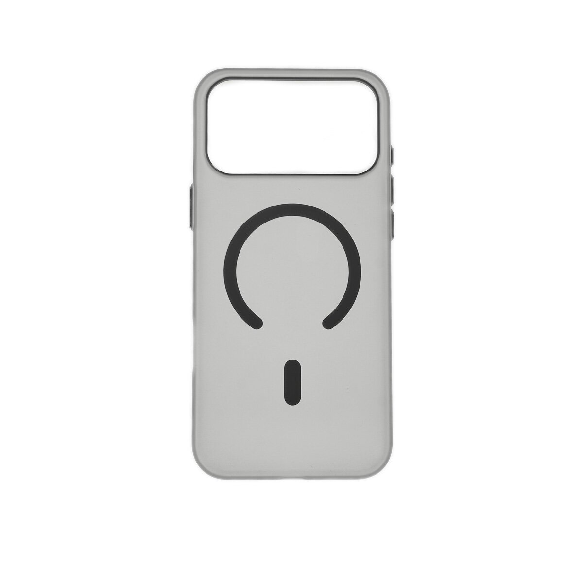 Eine graue Handyhülle mit einem schwarzen 'C'-Symbol und einem kleinen schwarzen Strich. Die obere Öffnung ist rechteckig.