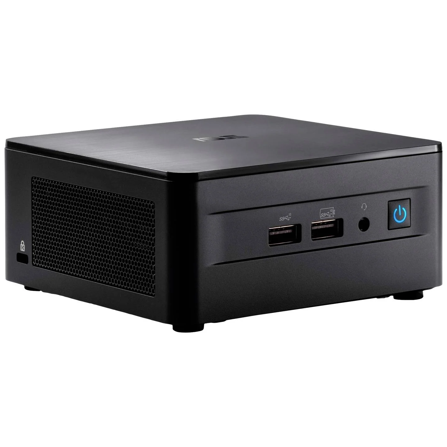 Ein kleiner, schwarzer Computer. Er hat USB-Anschlüsse, einen Ein-/Ausschalter und eine Lüftung. Der Einschaltknopf leuchtet blau.