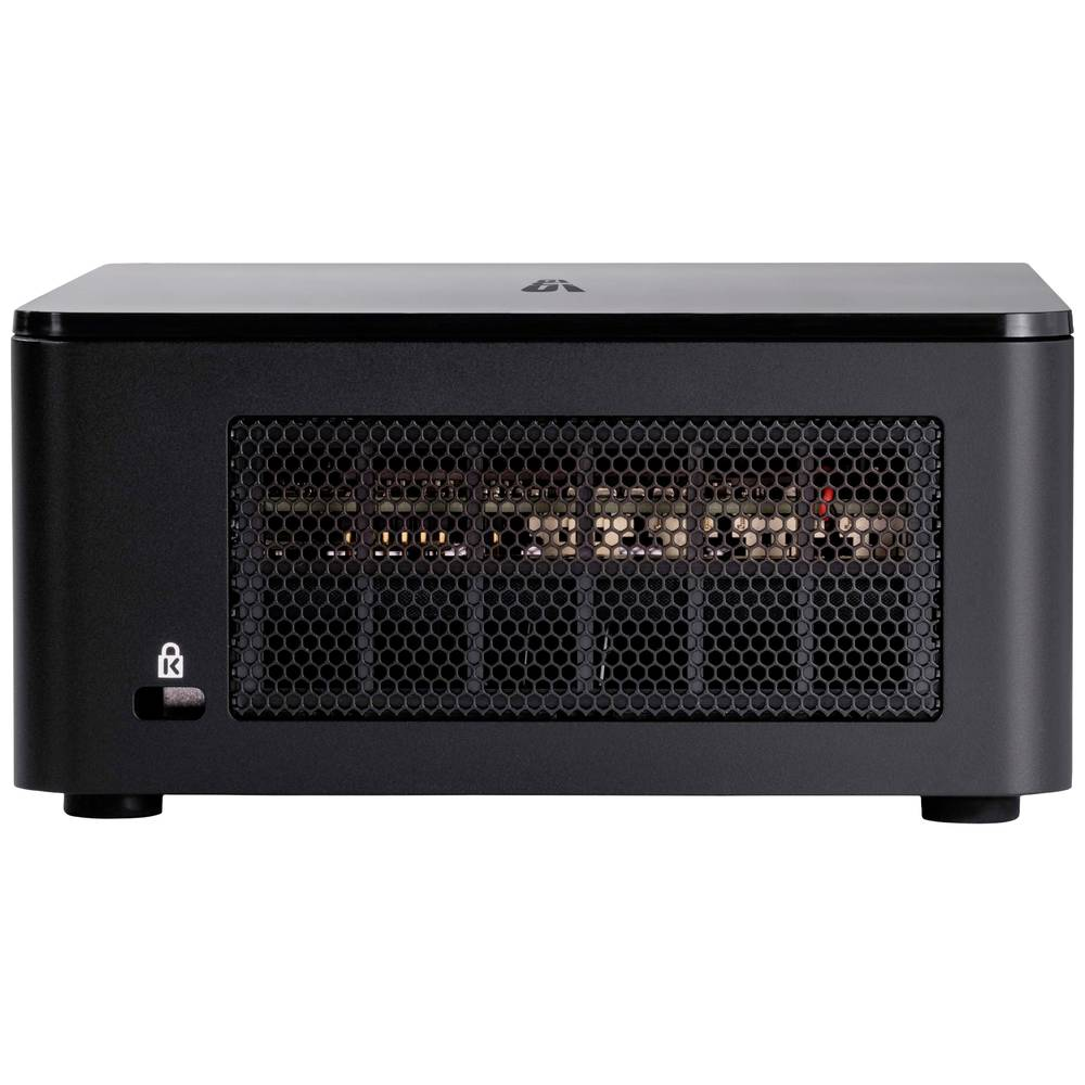 Ein schwarzes, rechteckiges Computergehäuse mit Mesh-Front. Es hat einen Power-Button, ein Schloss-Symbol und kleine Füße.