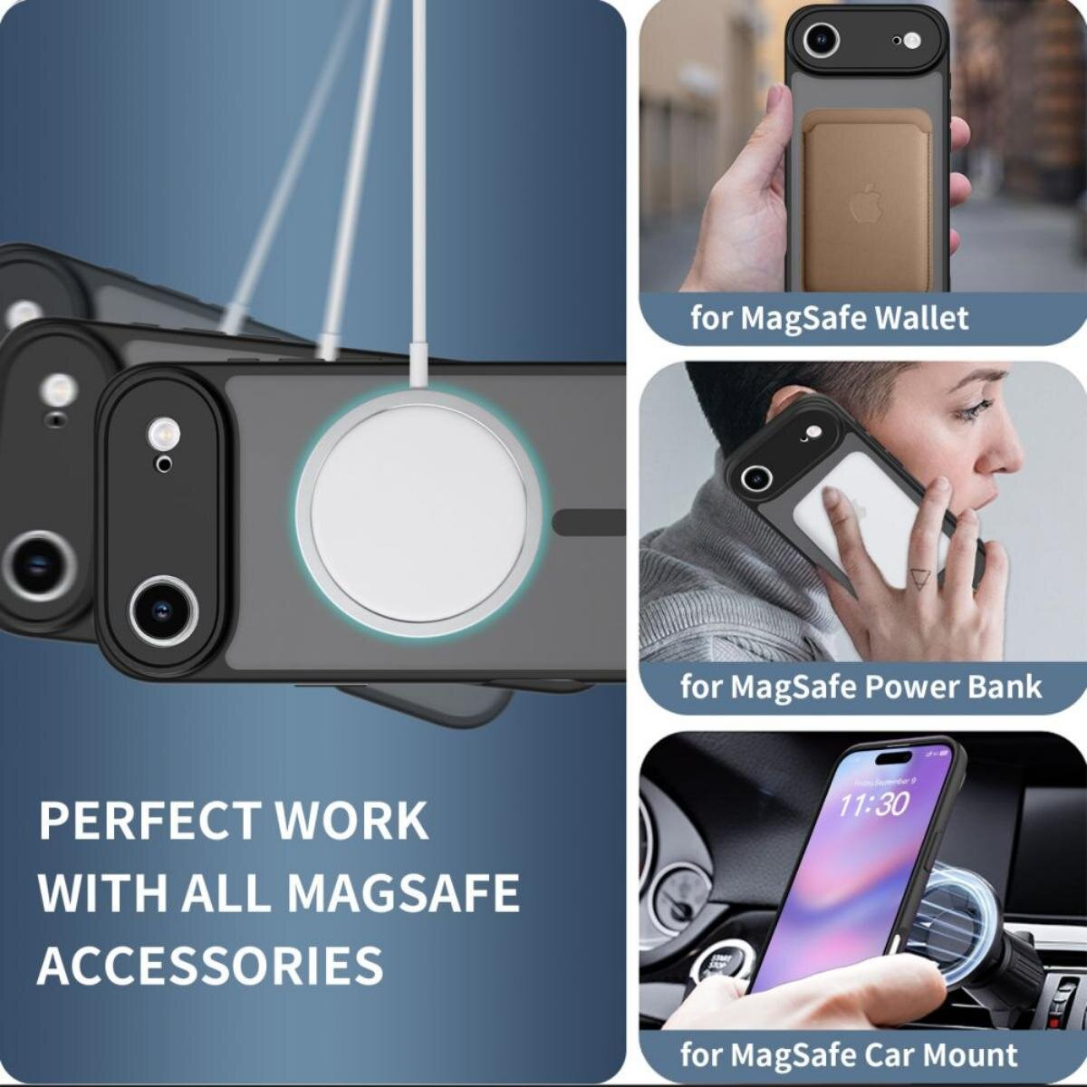 Das Bild zeigt eine Handyhülle mit MagSafe-Zubehör: Geldbörse, Powerbank und Autohalterung. Der Text lautet 'Perfekte Arbeit mit allen MagSafe-Zubehör'.