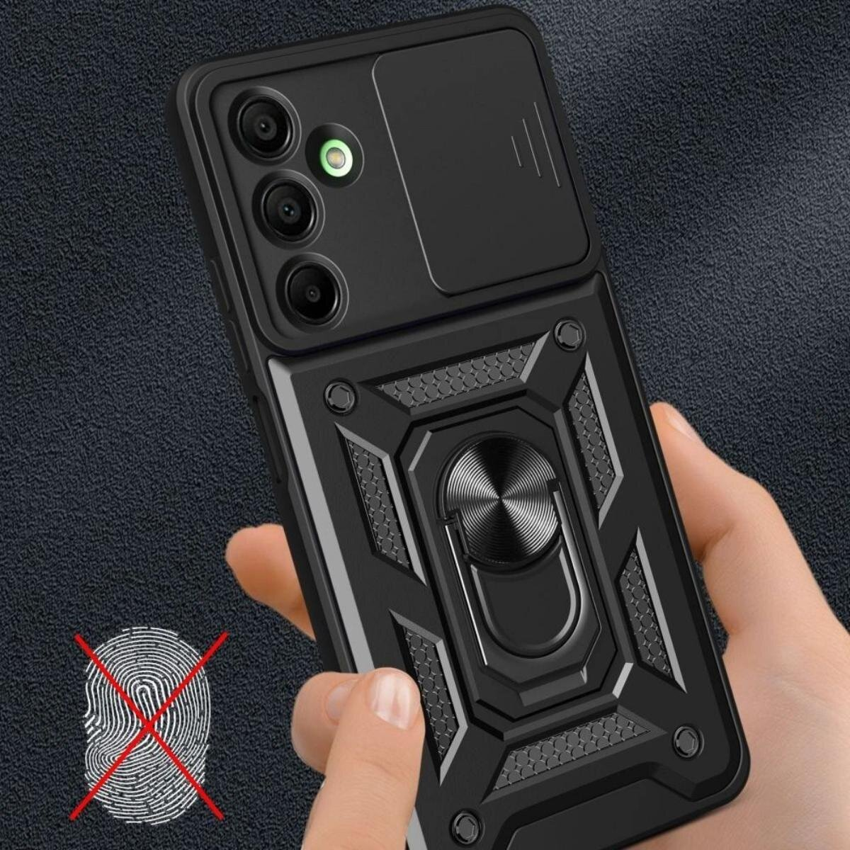 Eine schwarze Handyhülle mit Ringhalter wird von einer Hand gehalten. Sie hat eine Kameraabdeckung und ein durchgestrichenes Fingerabdrucksymbol.