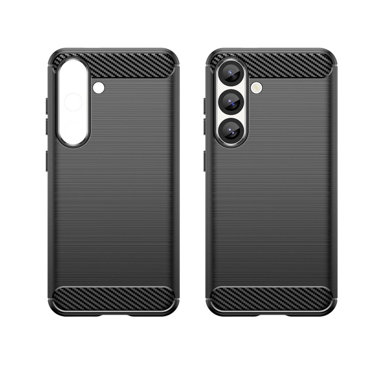 Zwei schwarze Handyhüllen. Eine mit Kameraausschnitt, eine andere mit Kameramodul. Beide haben ein Carbonfaser-Design oben und unten.