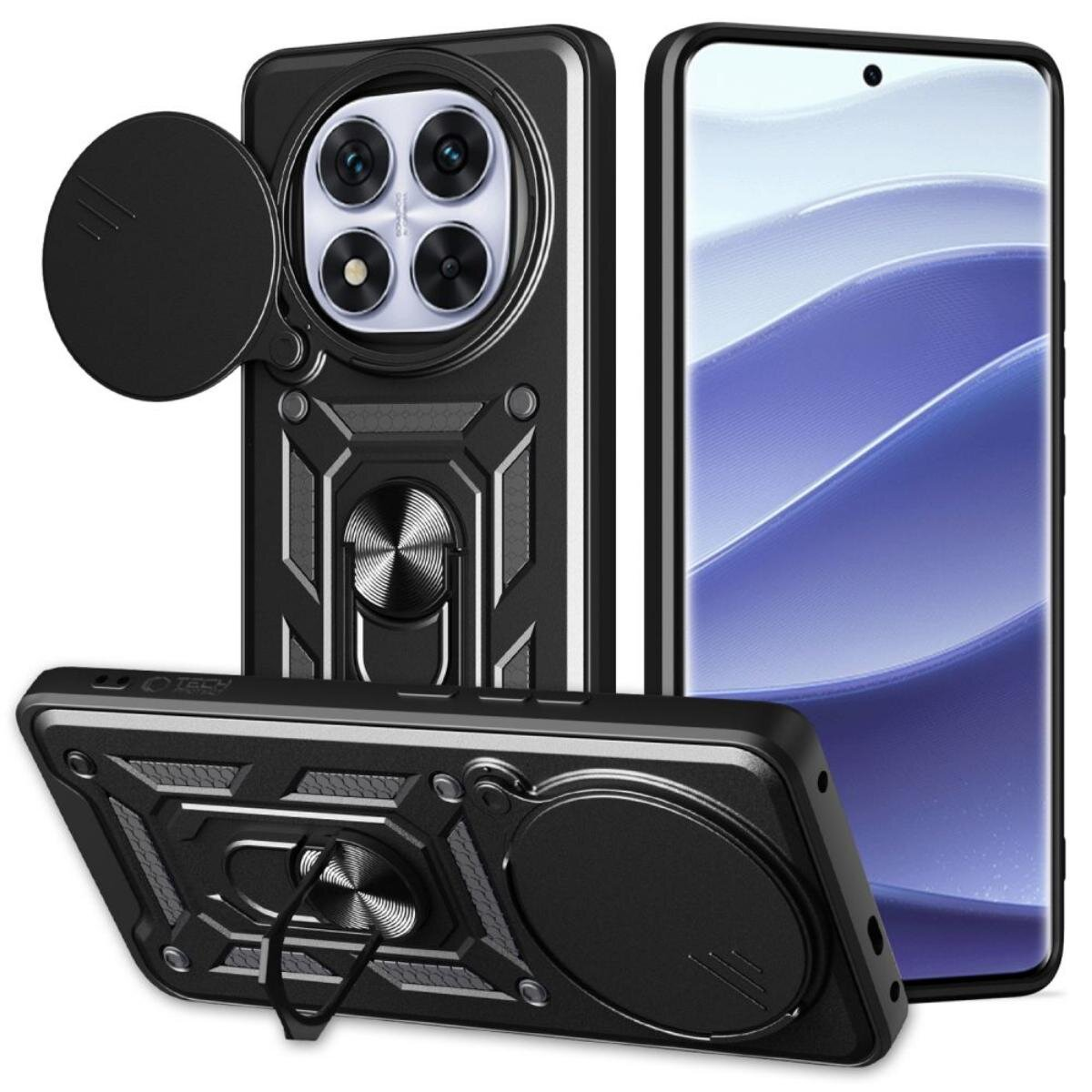 Schwarze Handyhülle mit Kameraschutz und Ringhalter. Im Hintergrund ein Handy mit blau-weißem Wellendesign.