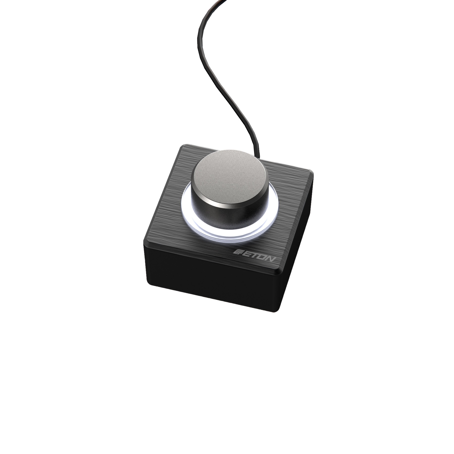Ein schwarzer und grauer Drehknopf mit einem leuchtenden Ring sitzt auf einer schwarzen quadratischen Basis. Ein schwarzes Kabel ist angeschlossen.