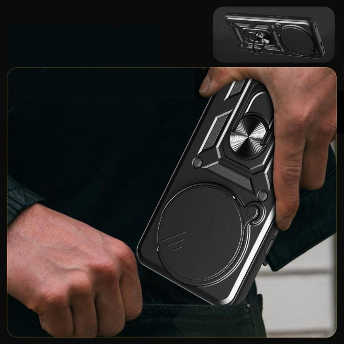 Eine Person hält eine schwarze Handyhülle mit einem Ringhalter. Die Hülle wird in eine Tasche gesteckt.