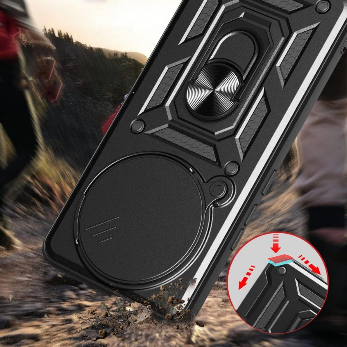 Nahaufnahme einer schwarzen Handyhülle. Sie hat einen Ringhalter, eine Kameraabdeckung und ein strukturiertes Design mit Bergkulisse.