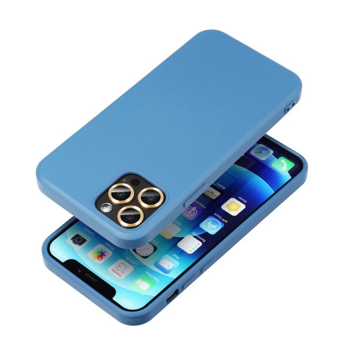 Ein blaues Telefon mit Schutzhülle. Der Bildschirm zeigt Apps an. Das Telefon ist weiß. Der Hintergrund ist ebenfalls weiß.