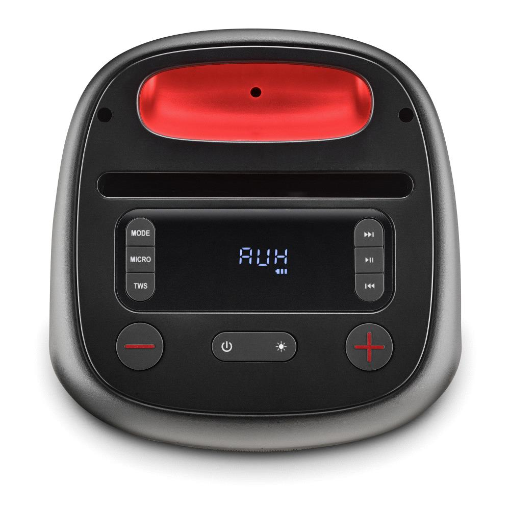Un altavoz negro y rojo con pantalla digital 'AUH'. Botones para modo, encendido, volumen y reproducción son visibles.
