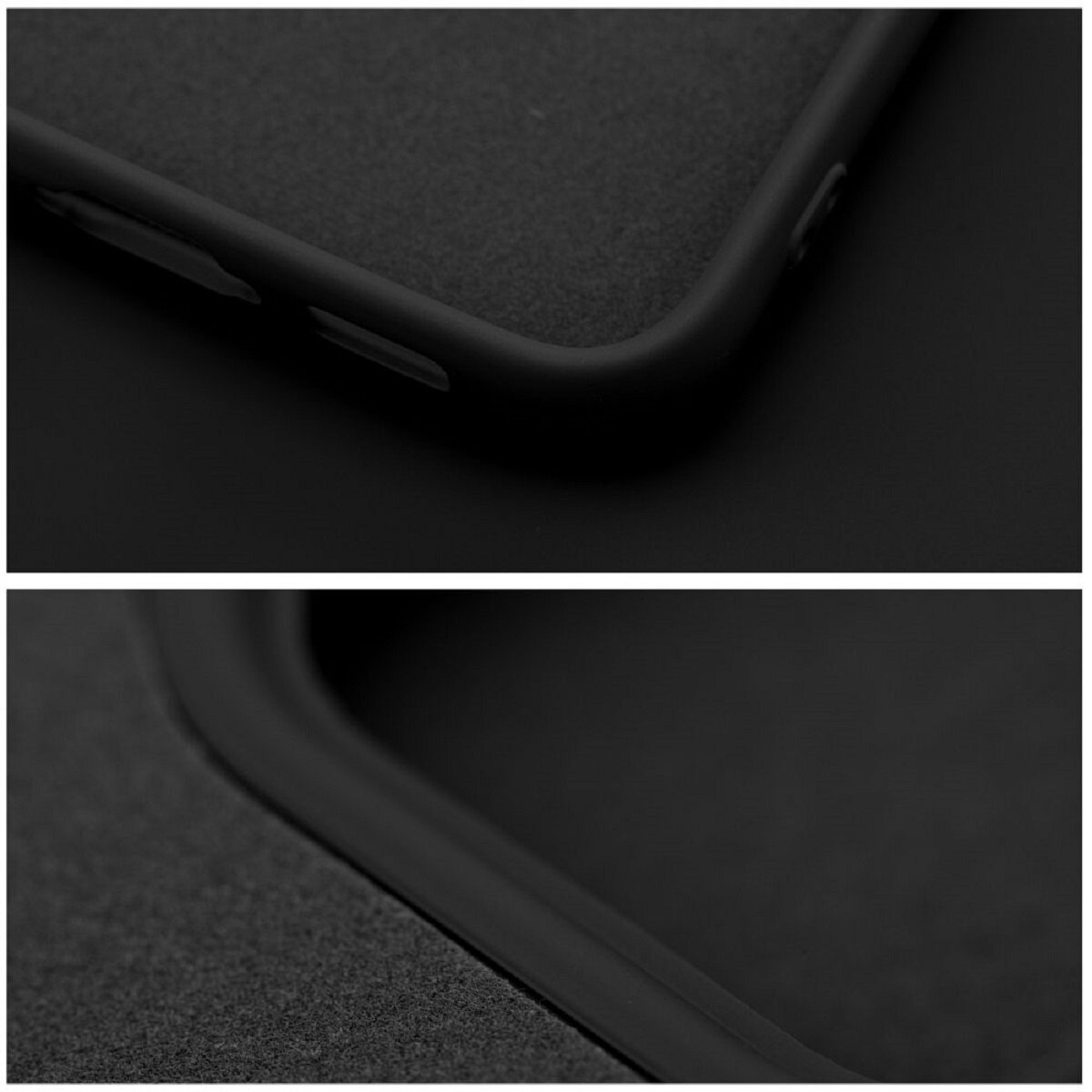 Nahaufnahme einer schwarzen Handyhülle. Die Hülle hat abgerundete Kanten und eine matte Textur. Tasten und Kanten sind sichtbar.
