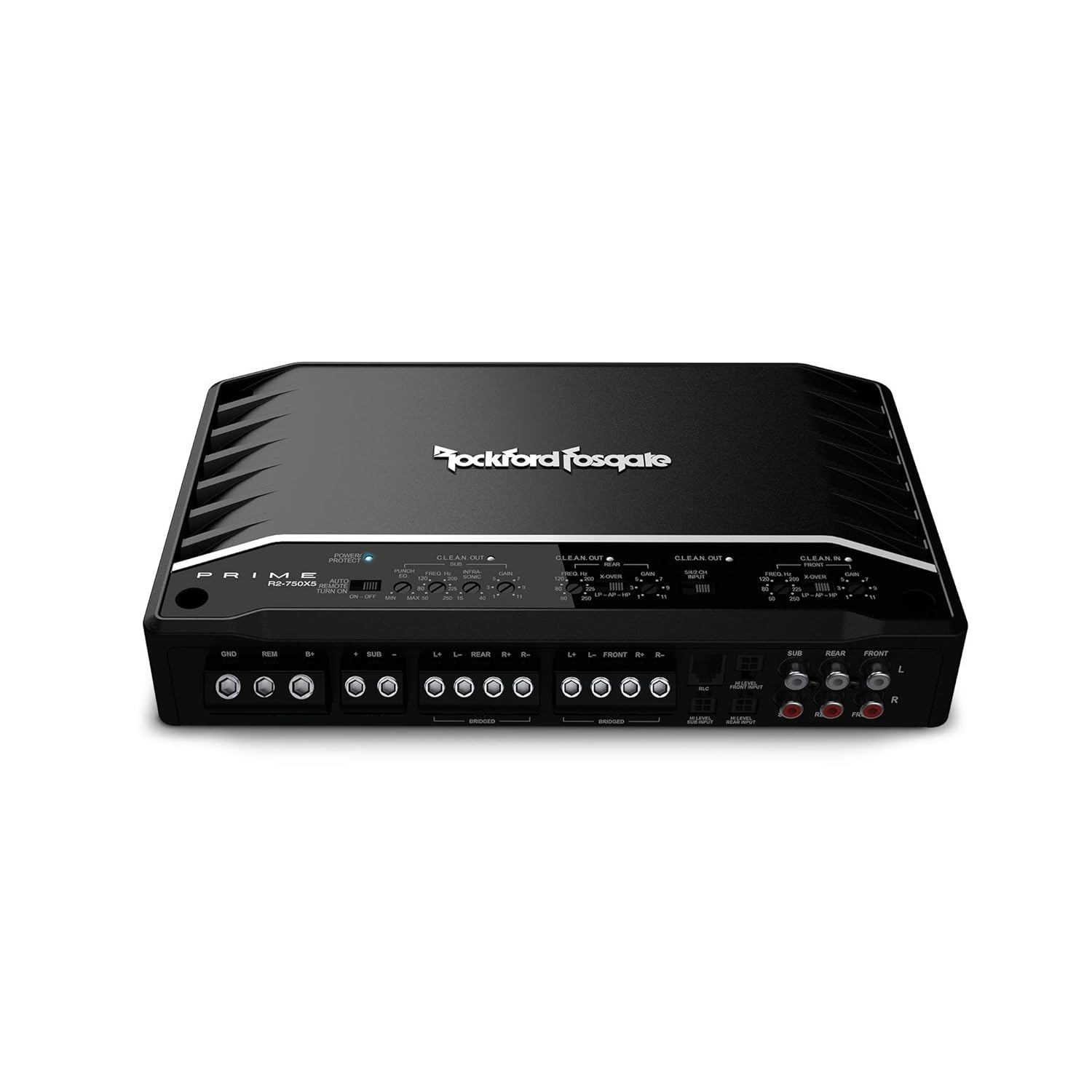 Schwarzer Rockford Fosgate Auto-Verstärker. Es hat verschiedene Ein-/Ausgangsanschlüsse und Bedienknöpfe. Das Logo ist sichtbar.